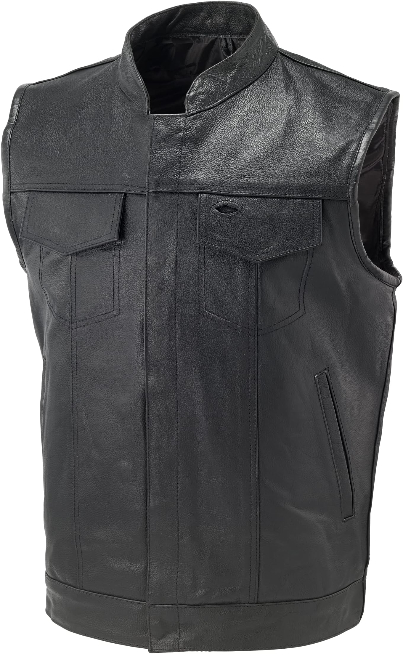 Men Sleeveless Leather Vest With 2Gun 2Chest Pockets Single Back Panel Motorcycle Rider Jacket