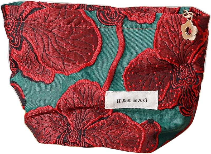 RANIT Bolsa cosmética de lona jacquard vermelha com zíper para viagem