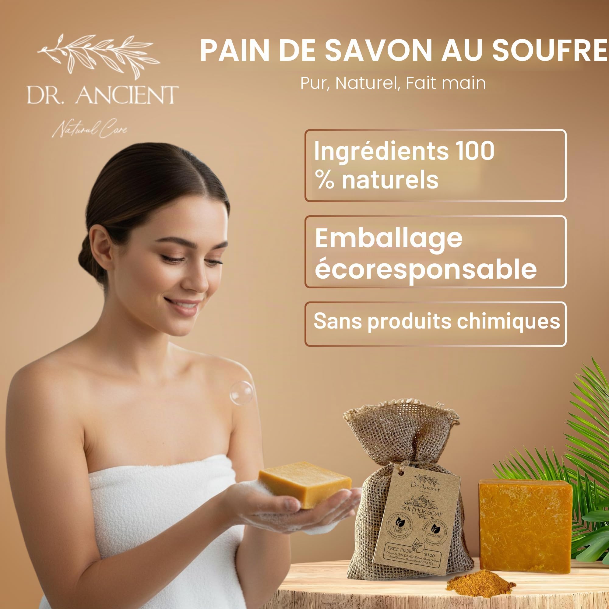 Dr.Ancient Barre de savon au soufre bio naturel végétalien traditionnel fait à la main antique - Savon naturel pur !