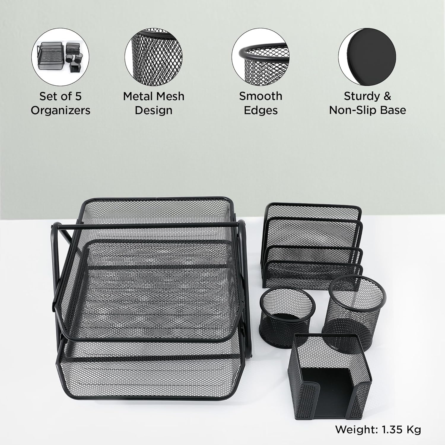 Kuber Industries Zestaw 5 szt., 2-poziomowy metalowy organizer na biurko, stojak na dokumenty, spinacze do papieru i długopisy, stojak na wizytówki, stojak na gazety i czasopisma do biura