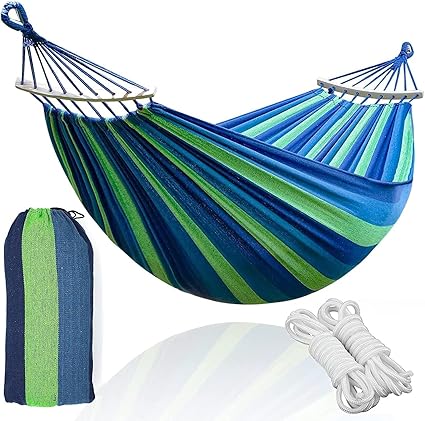 IRIS Cotton Fabric Canvas Travel Hammocks Light Camping Hammock Portable Beach Swing Bed with Hardwood Spreader Bar Tree Hanging Outdoor Indoor (280 x 100 cm(Wooden Strip), Blue)