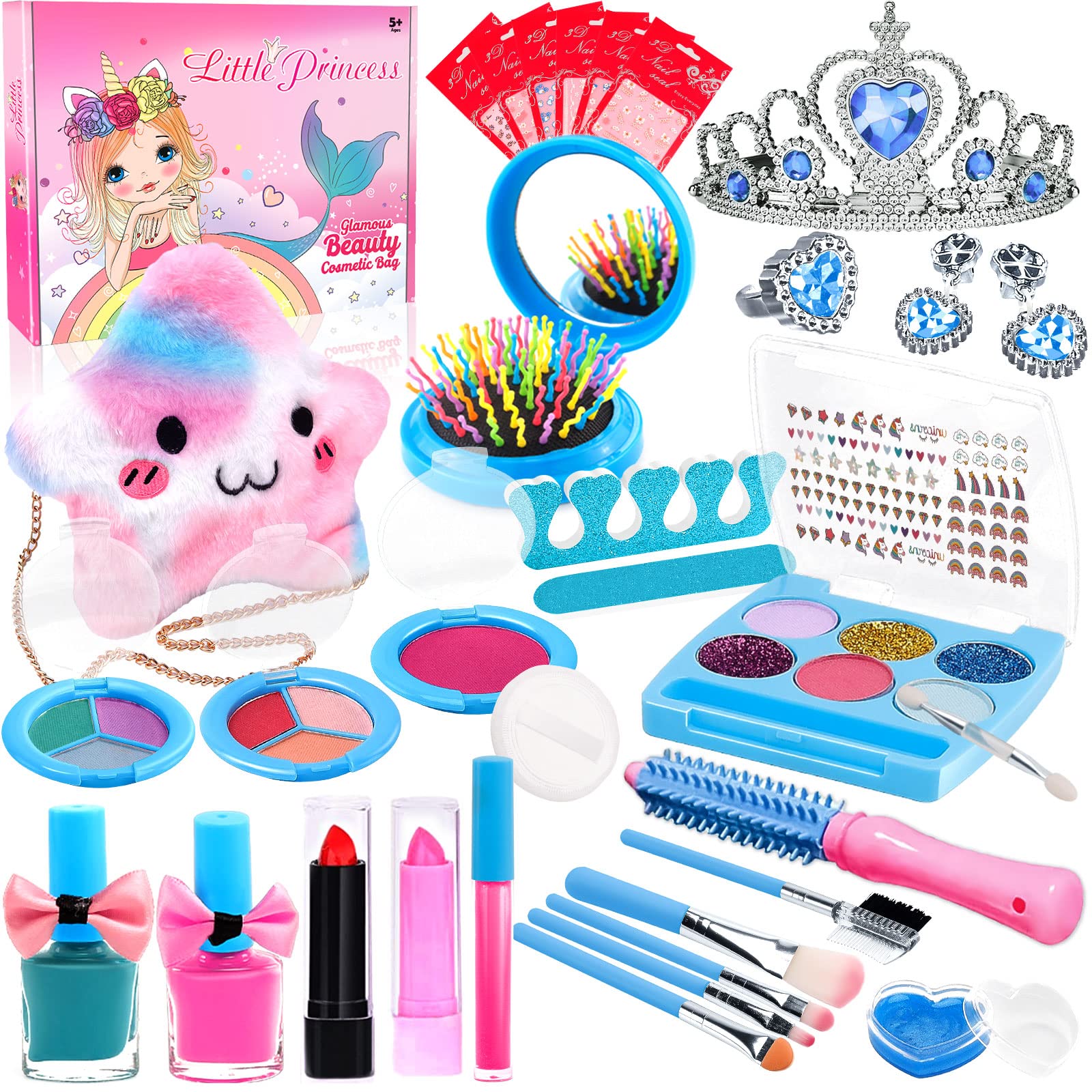 Frasheng Kit de Maquillaje Niñas, 33 Piezas Kit de Maquillaje para Niñas Lavable, Juego de Maquillaje Seguro y No Tóxico, Juguetes Niña de Maquillaje, Juguete de Maquillajepara Princesas 3 4 5+ Años