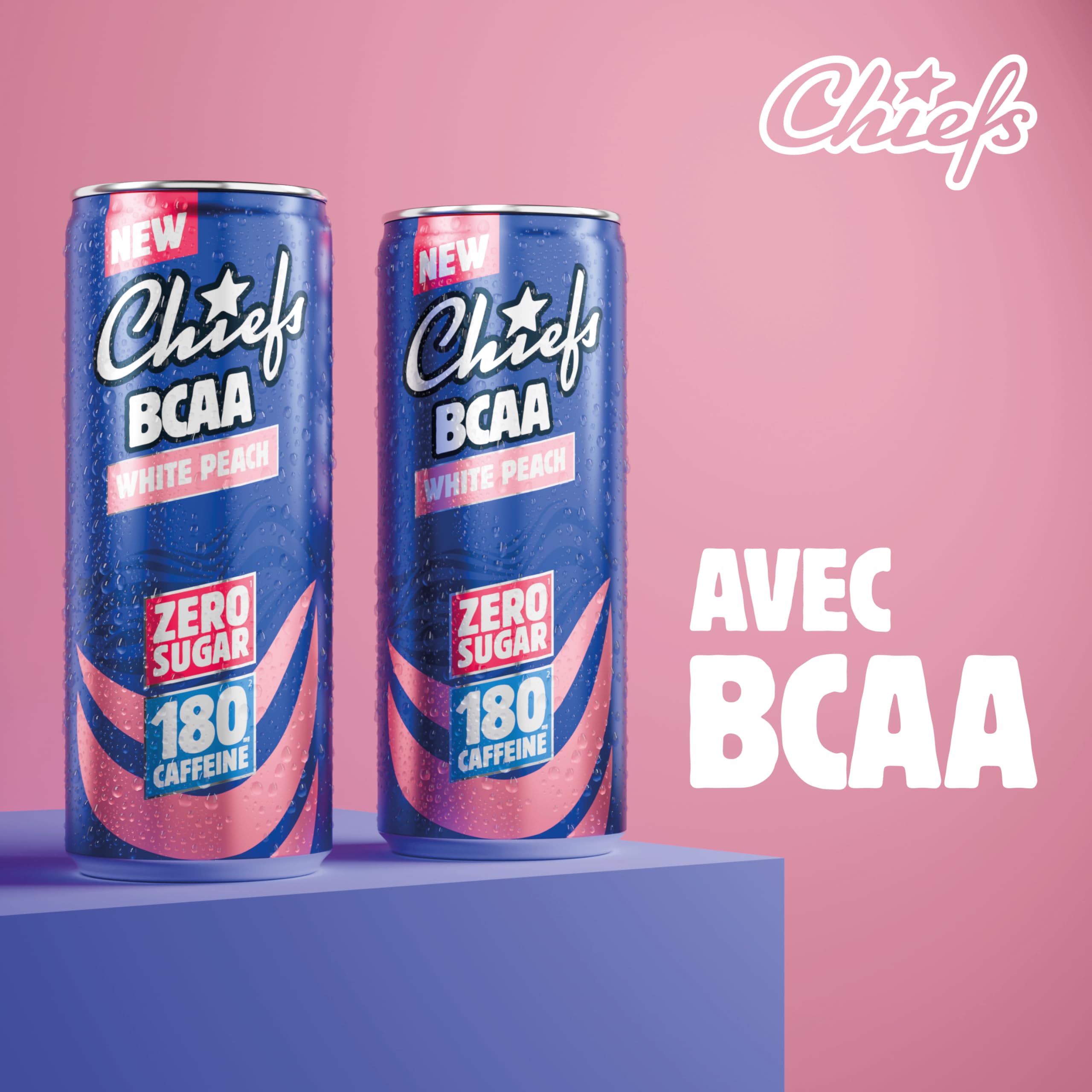 CHIEFS Boisson énergisante goût Pêche Blanche, 180 mg de caféine, 24x330ml boissons énergétiques, Sans Sucre et avec BCAA (White Peach)