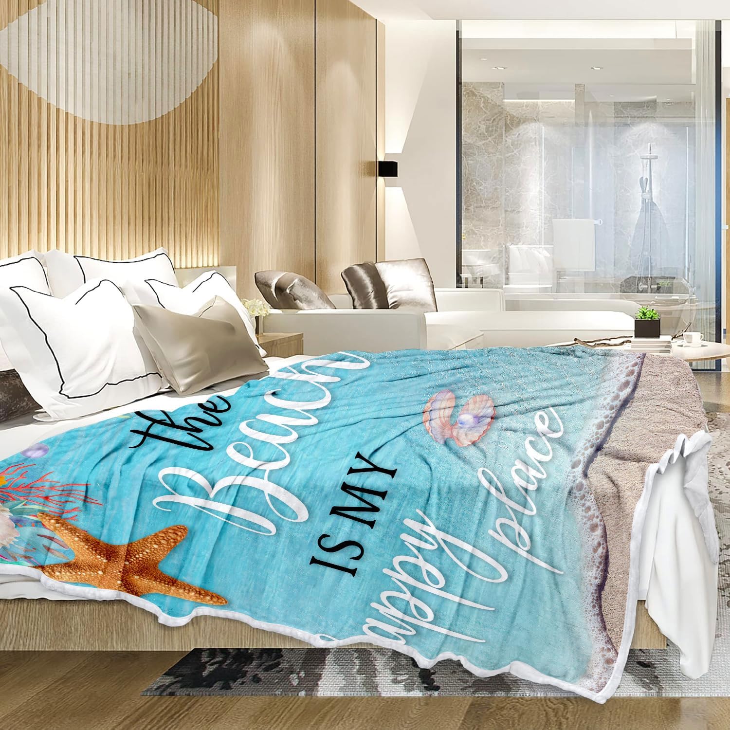 Beach Blanket, Blue Coastal Ocean Beach Throw Blanket for Couch, Bed, Summer Super Cozy Blankets Fuzzy Plush Lightweight Throw Blankets for Sofa, Bed, Living Room,50"X60" - Image 4