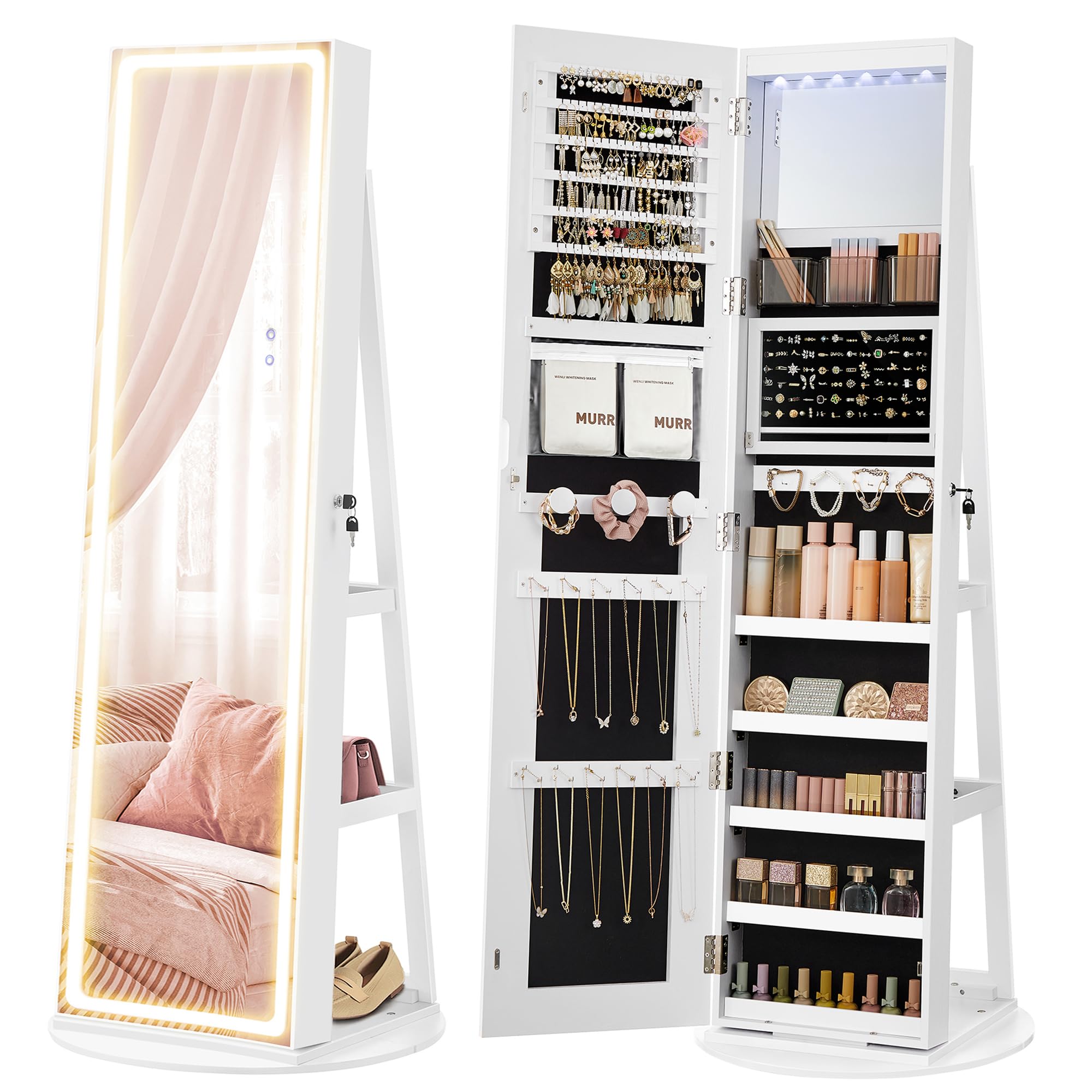 SONGMICS LED Jewelry Cabinet Standing, Lockable Armoire With Full-Length Mirror and Adjustable Lights, Space-Saving Organizer, Gift Idea, Cloud White UJJC008W01