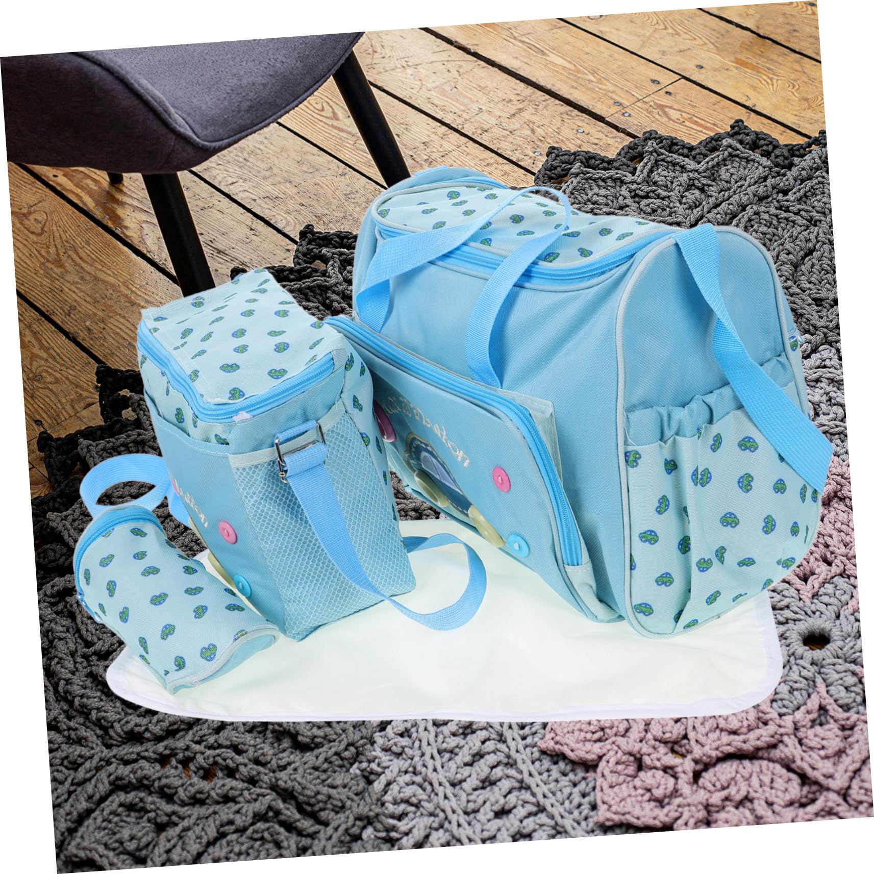 4-in-1 Multifunktions Wickeltasche Satz für Mütter Großer Oxford Stoff Himmelblau Reise Babytasche mit Wickelunterlage und Babyflaschenhalter