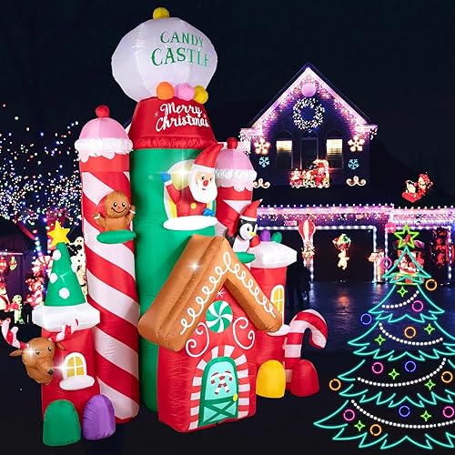 Miniatura 4 de Hioasis Decoraciones inflables de Navidad de 10 pies, castillo de caramelo inflable con Papá Noel, reno, pingüino, pan de jengibre, decoraciones