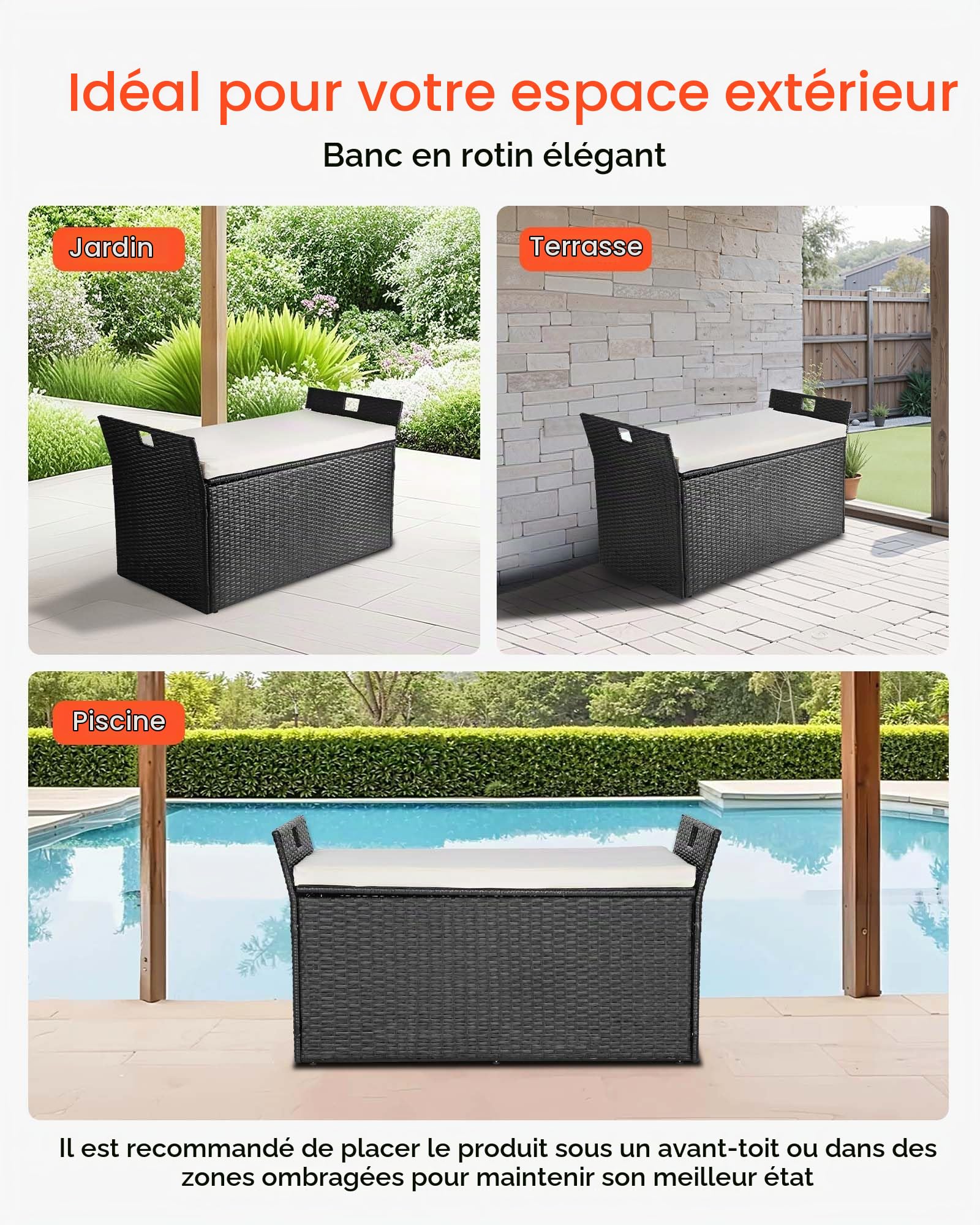 VEVOR Banc de Rangement Extérieur en Rotin Synthétique Coffre de Jardin 340 L Banc de Terrasse avec Coussin, Capacité Charge 362,9 kg, Poignée Latérale, Siège d'Extérieur pour Patio, Jardin, Balcon