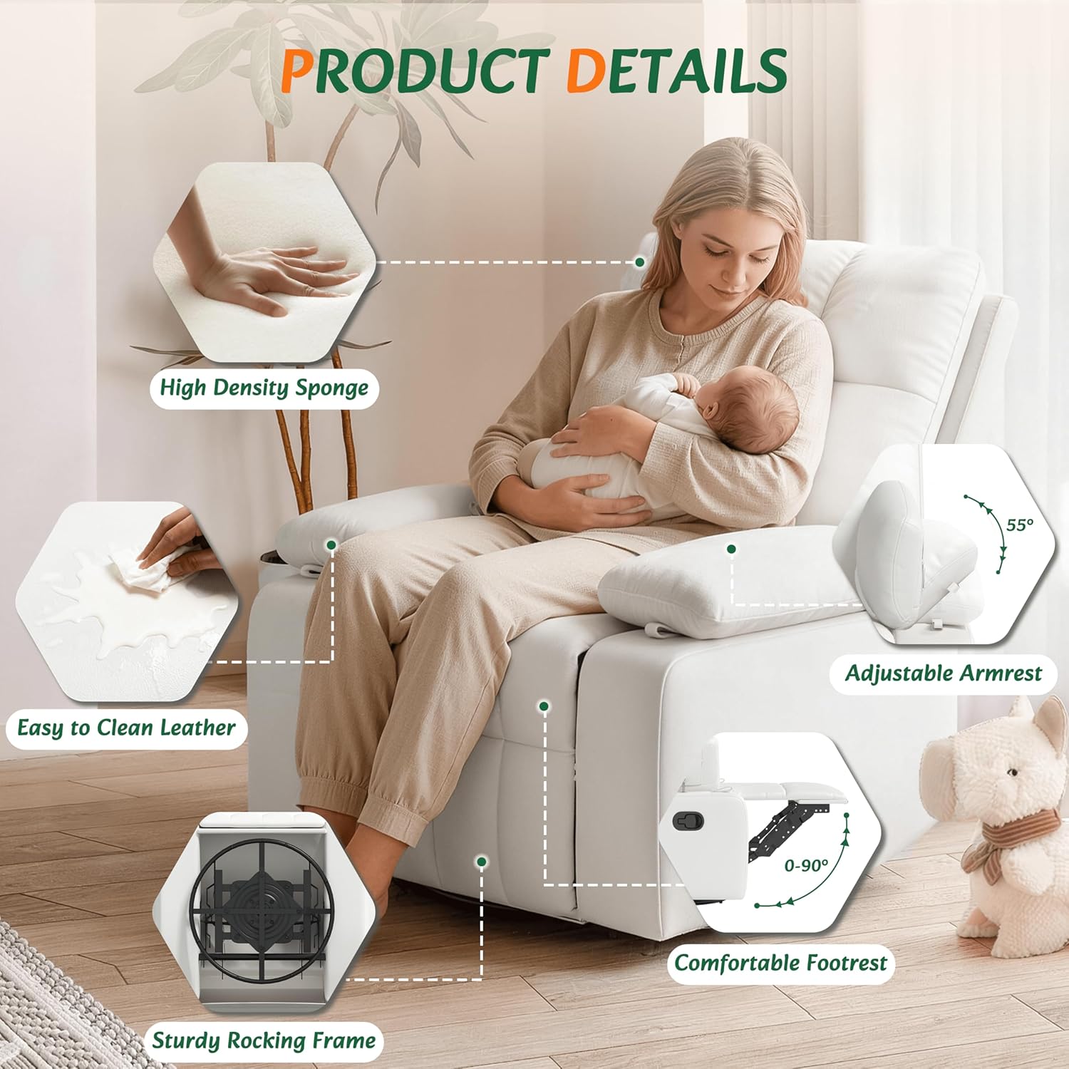 AILEEKISS Nursery Glider Recliner Rocking Chair w/Adjustable Armrests, Oversized 360° Swivel, 30° Rocker, 90°-160° Recline, White Leather Reclining Nursing Living Room Chair for Breastfeeding Bedroom