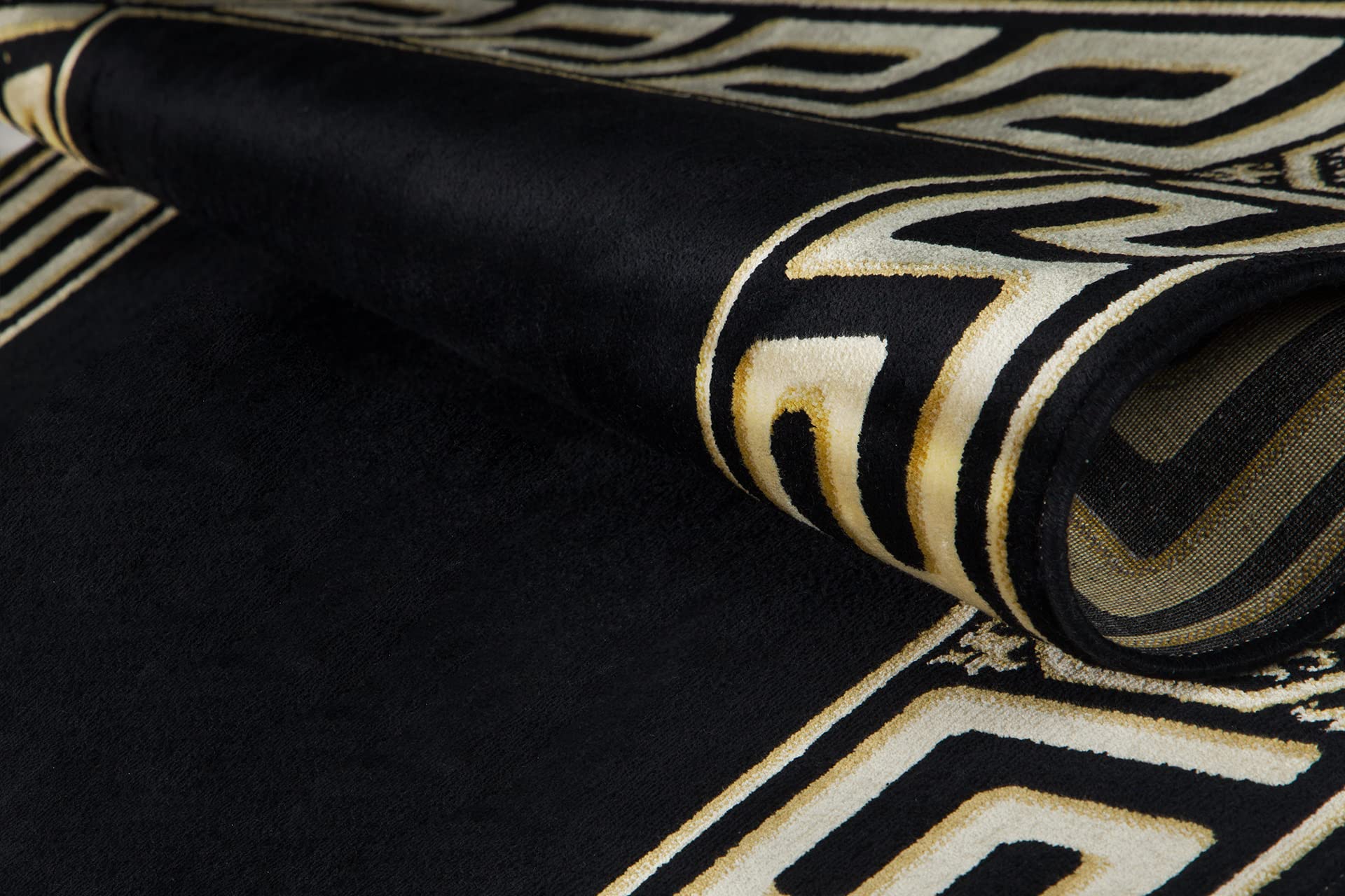 Premium Flur Teppich Läufer Teppichläufer Flur Schlafzimmer Küche Maänder Muster Kurzflor in Schwarz Gold mit Fransen - Mäander Design Antirutsch K-Seidenglanz 100% Viskose Öko Tex - 80x200 cm