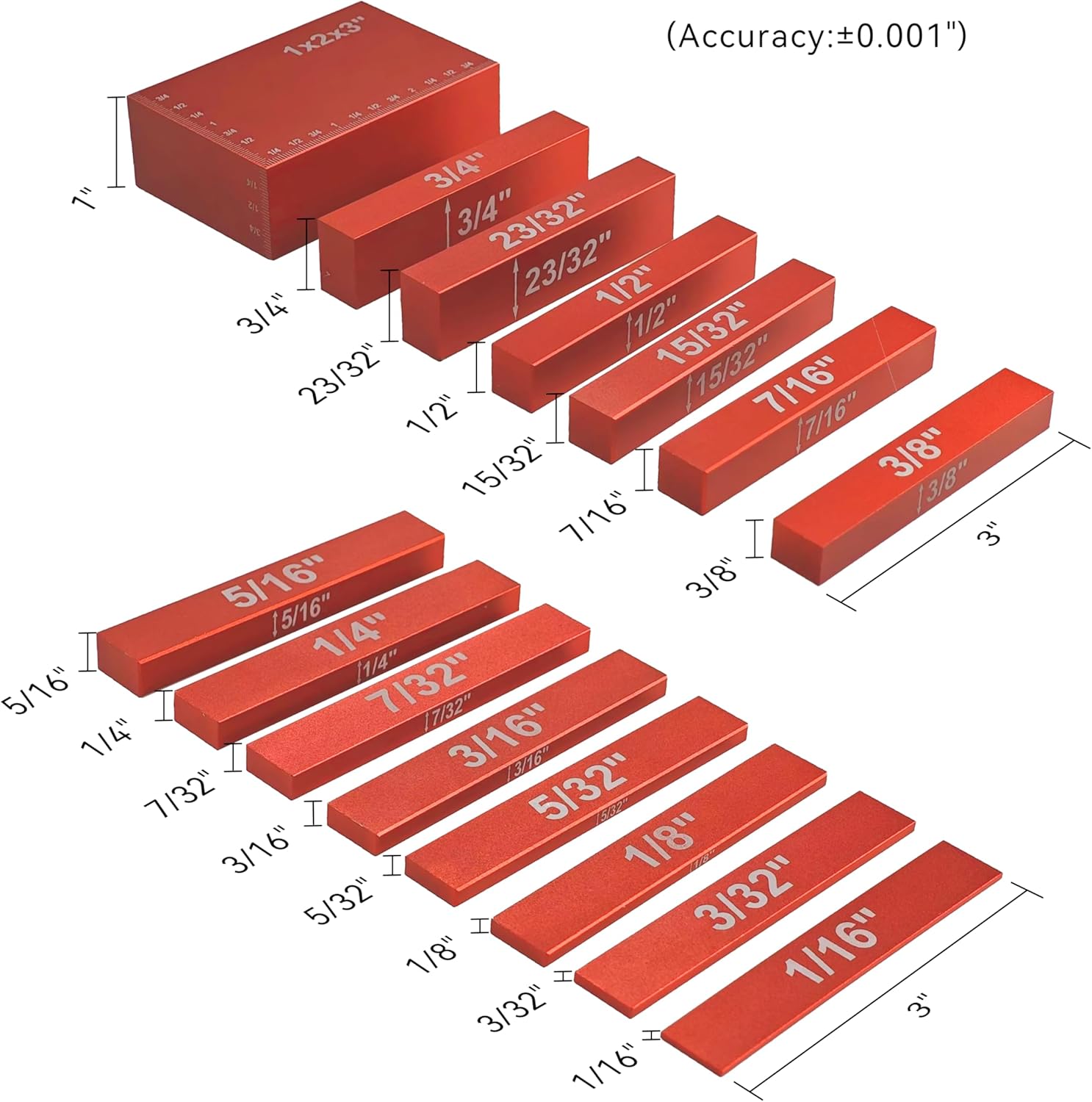 HFS(R) Setup Blocks Height Gauge Set Aluminum Alloy Setup Bars Kit for Table Saw Woodworking 15pcs Red Inch