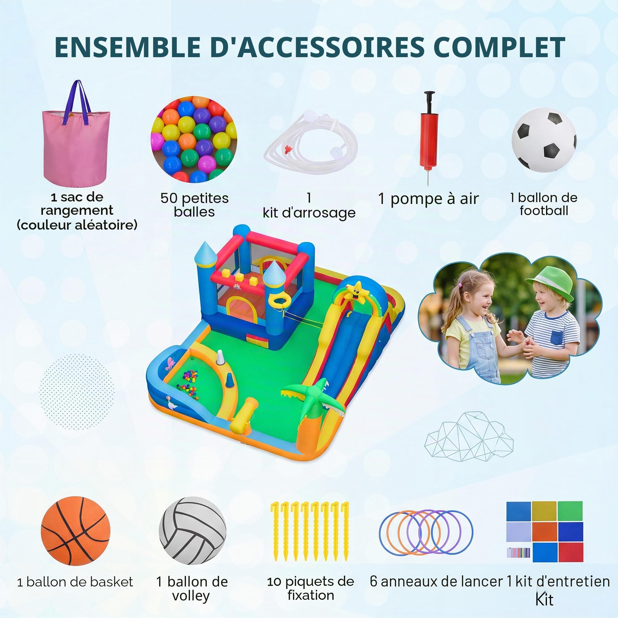 GIANTEX Chateau Gonflable Exterieur pour Sec ou Eau, Parc Aquatique Gonflable avec Toboggan, Aire de Saut, Mur d'escalade, Panier de Basket, Bassin, Filet de Volley et Canon, pour Enfants 3+ Ans