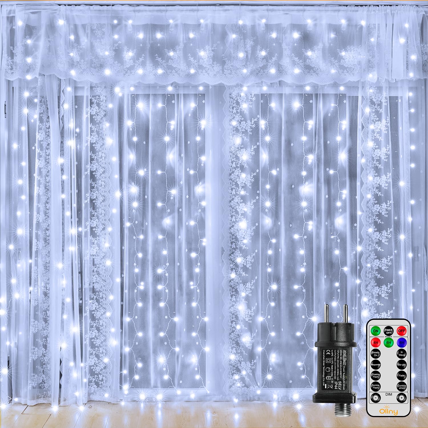 Ollny LED Lichtervorhang 2x2m/3x3m, LED Lichtervorhang Innen Strom 8 Modi mit Timer & Dimmbar, Lichterkette Vorhang Fenster, IP44 für Außen Ramadan Deko Hochzeit Party Wand Balkon