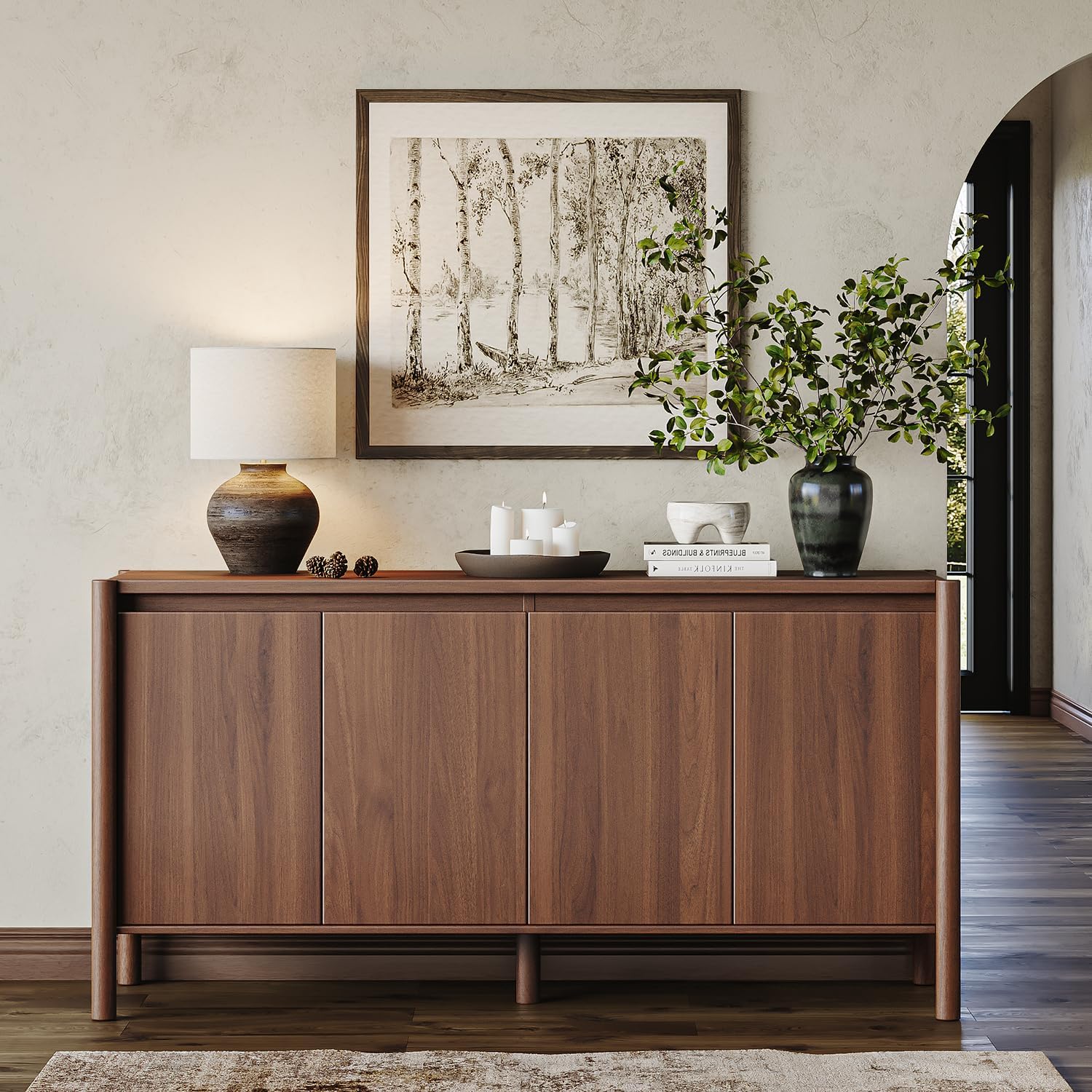 CHUWELL Walnut Sideboard Buffet Cabinet - 59" Mid Century Buffet Storage Cabinet with 4 Doors, Adjustable Shelves, and 4 Solid Wood Round Legs- Coffee Bar Table for Kitchen