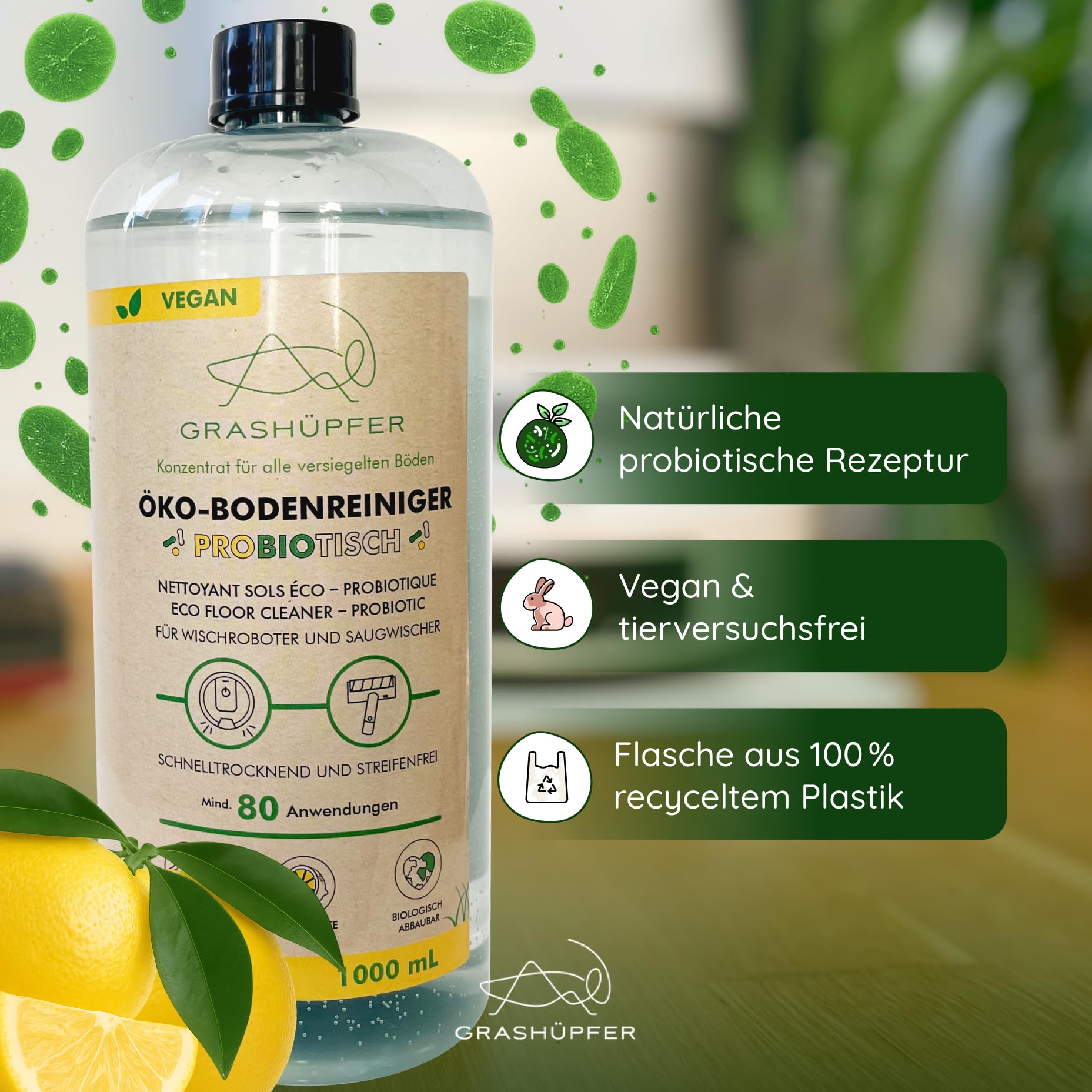 2er Set GRASHÜPFER® Probiotischer Öko Wischroboter Reiniger [FÜR TIERHAUSHALTE] – reinigt und entfernt Tiergerüche biologisch, für Wischroboter und Saugwischer [ZITRUSBLÜTE] - 2000 ml
