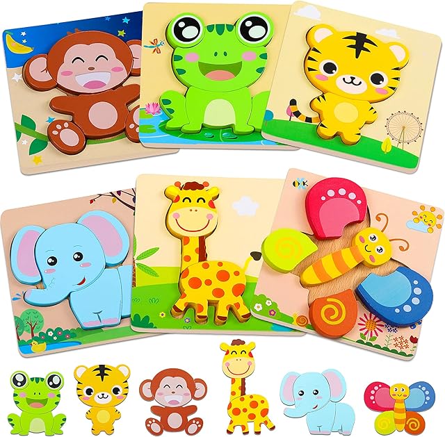lenbest 6PCS Wooden Puzzle Toys - Kid Toys for 1 2 year old girls boys - Montessori Early Development & Activity Toys - Toddler Toys for 1 2 Year Old Boy Girl Gifts