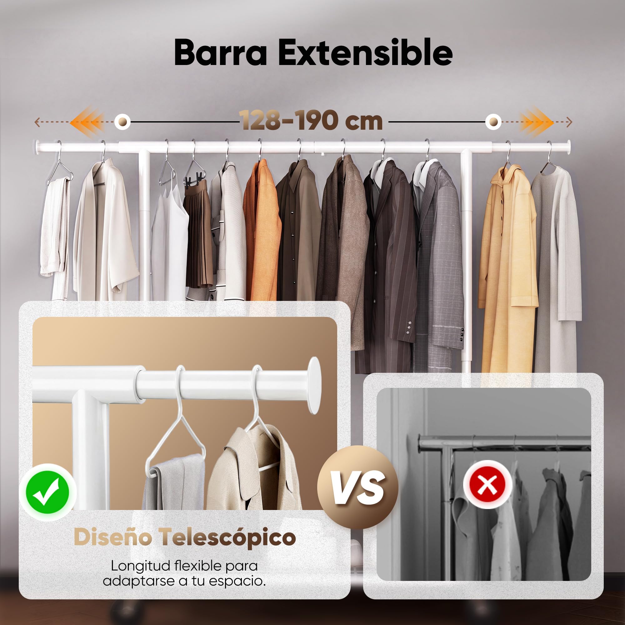 HOKEEPER Burro de Ropa Móvil con Altura Ajustable y Barra Extensible | Resistente 204kg, Ruedas Bloqueables, Ahorra Espacio para Dormitorio, Apartamento Pequeño, Lavandería, Blanco