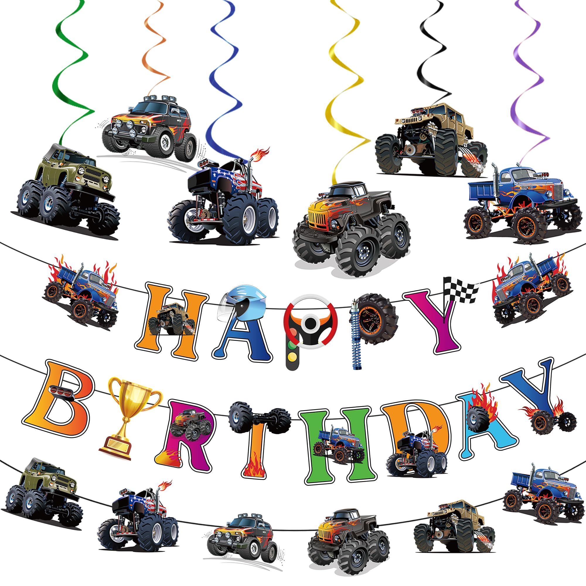 Monster Truck Birthday Party Decorations - 2pcs Trucks Happy Birthday Banner, 1pcs Monster Truck Banner Bunting Garlands, 6pcs Trucks Themed Hanging