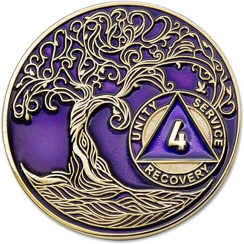 Medallón AA de 4 años, chip de recuperación AA chapado en oro, árbol de la vida, morado