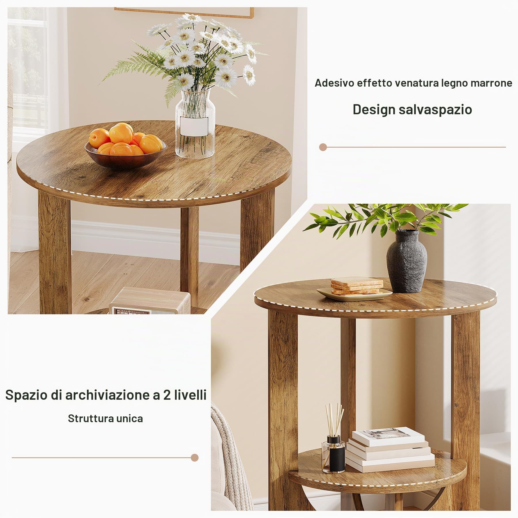 Tribesigns Tavolino rotondo a 2 ripiani, per soggiorno, 50 x 50 x 65 cm, piccolo tavolino da caffè con spazio per piccoli spazi, divano, camera da letto, marrone