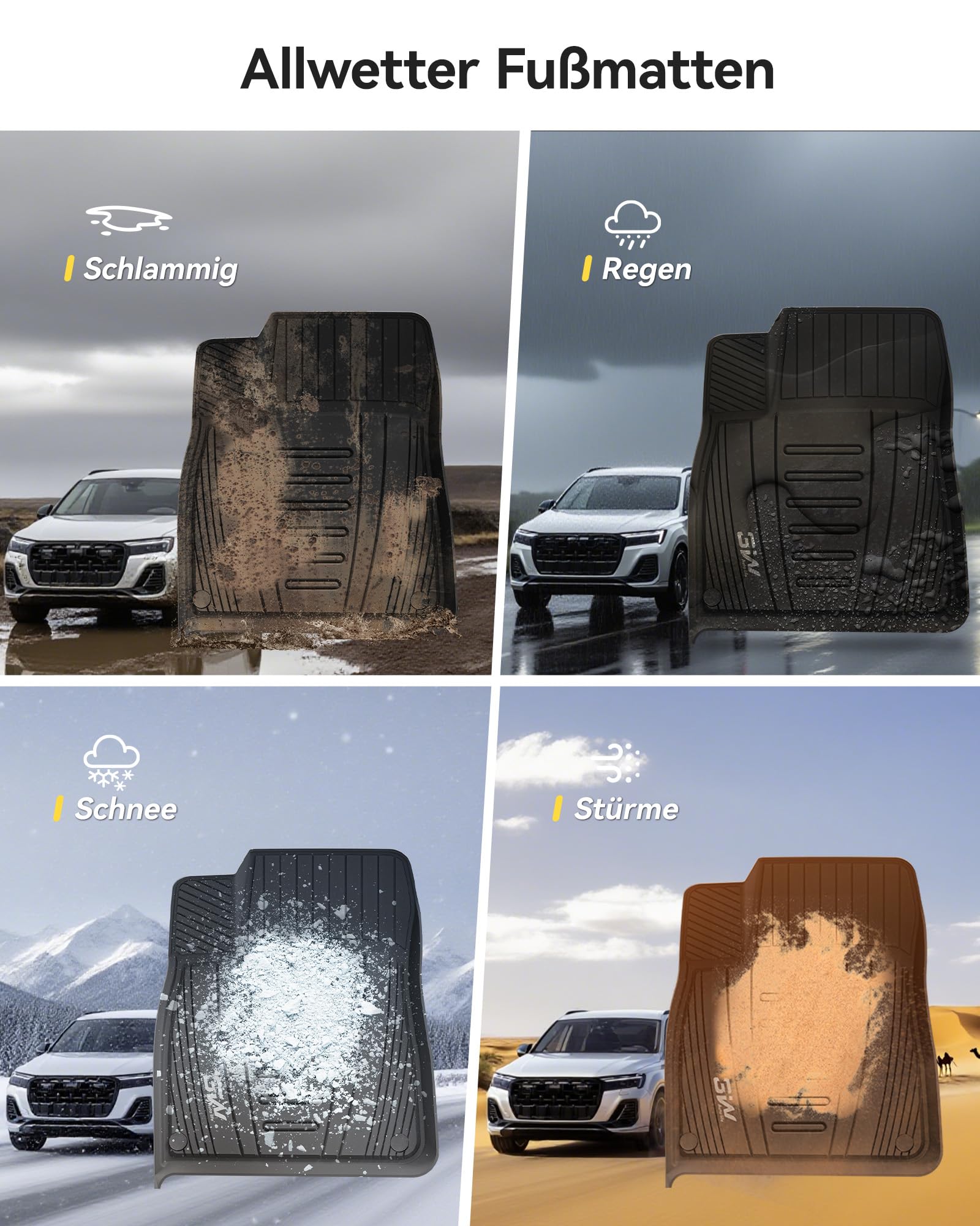3W Fußmatten für Audi Q7 4M 2016-2026/Q8 2019-2026 | TPE Thorex™ Allwetter | 3D Maßgeschneiderte Passform | Hundefreundlich Auto Zubehör | Wasserdicht & Kratzfest | Antirutsch