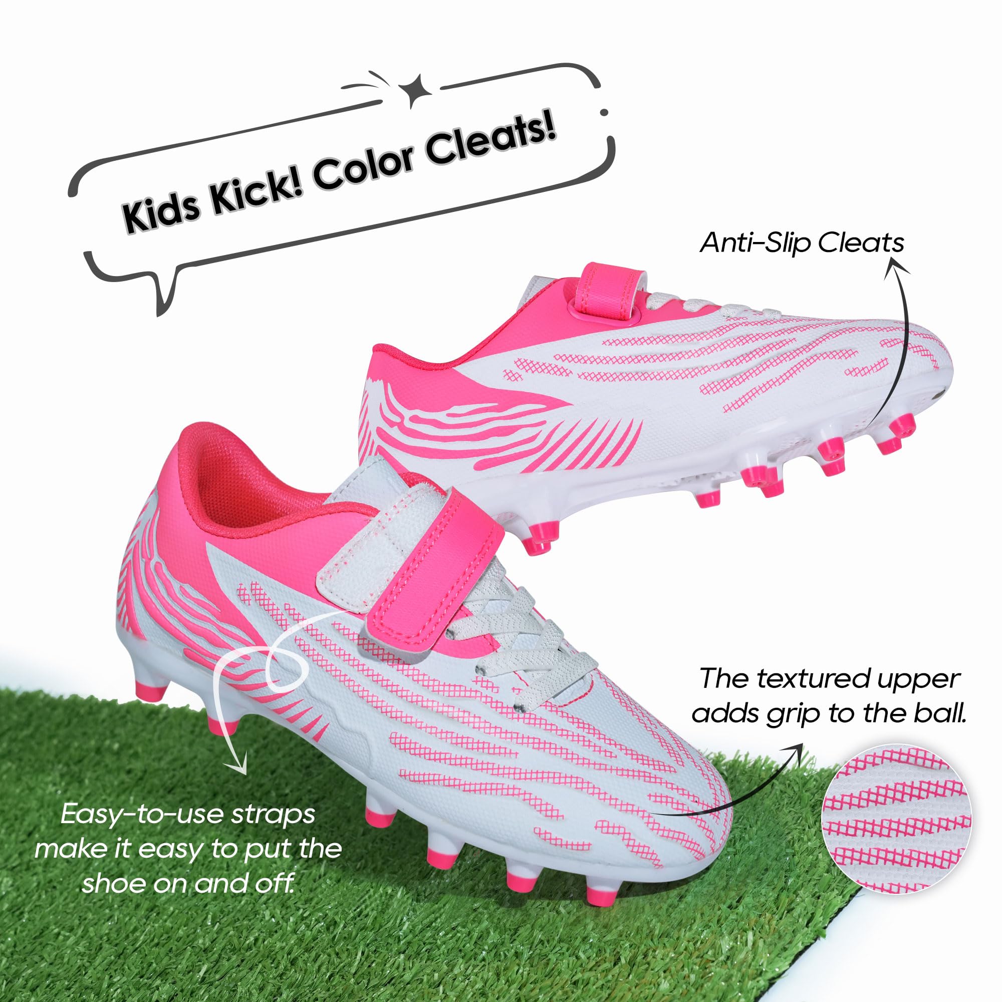 brooman Kids Firm Ground Soccer Cleats Boys Girls Athletic Football Shoes (11.5,White Pink)