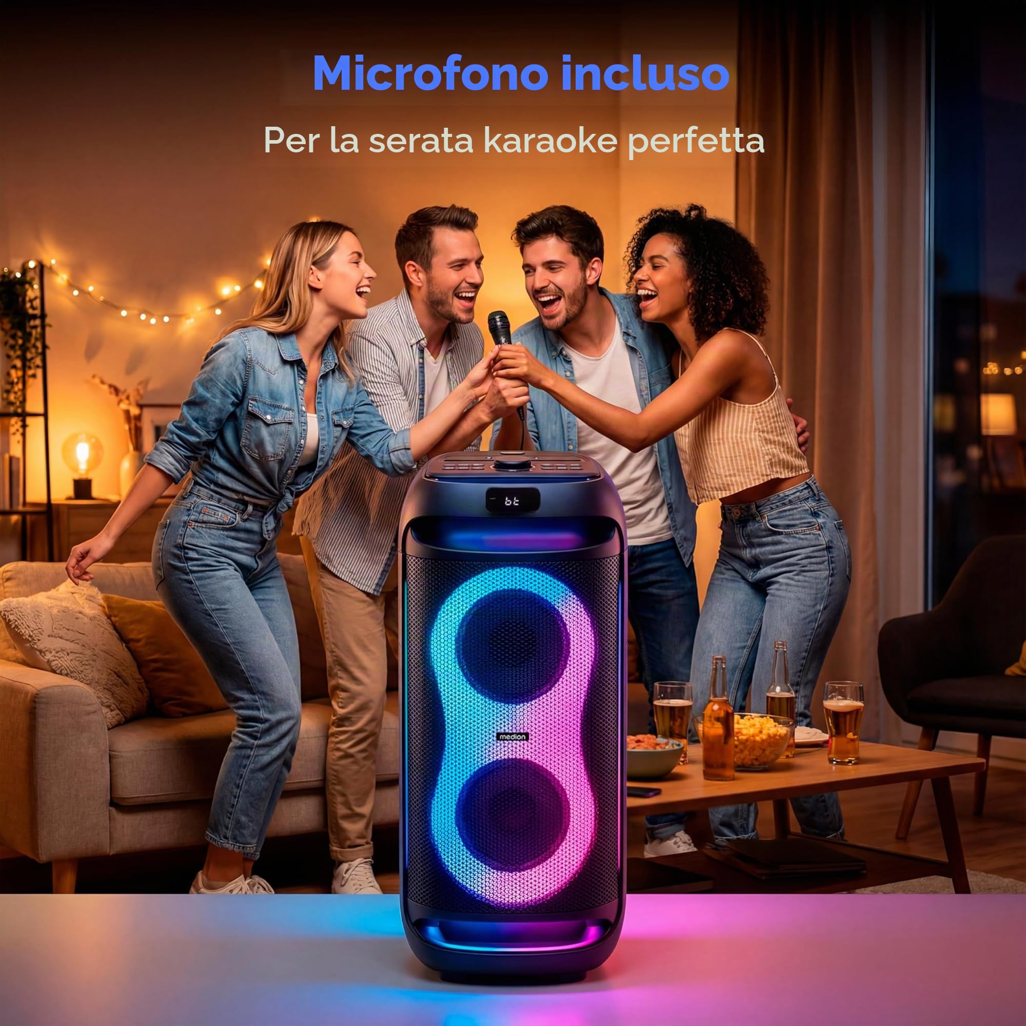 MEDION PE-2 Plus Partybox a batteria con microfono - cassa grande | Altoparlante party karaoke, effetti luce, ingressi microfono e chitarra, Bluetooth portatile, AUX, USB