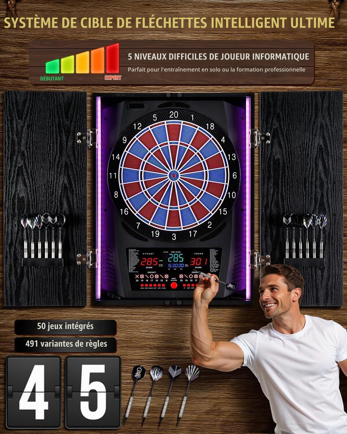 Jeu de Flechette Electronique, LED Coffret pour Cible Flechette | [12 Fléchettes][Coffret en bois] 8 Couleurs pour 8 Joueurs, Jeux de Flechettes Adulte Électronique, Familiaux & Bar - NOIR
