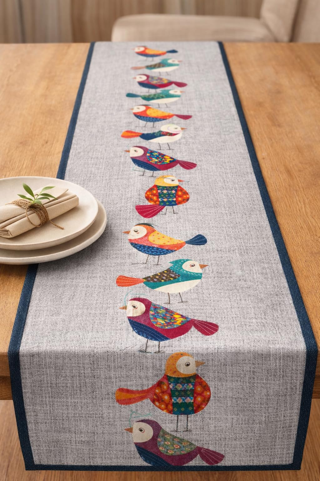 WEFLORIA Premium Table Runner, Neutral Modern Bird Design, Boho, Soft Microfibre Fabric, Stain-Resistant, Minimal Dining Table Decor (Grey, 138*40)