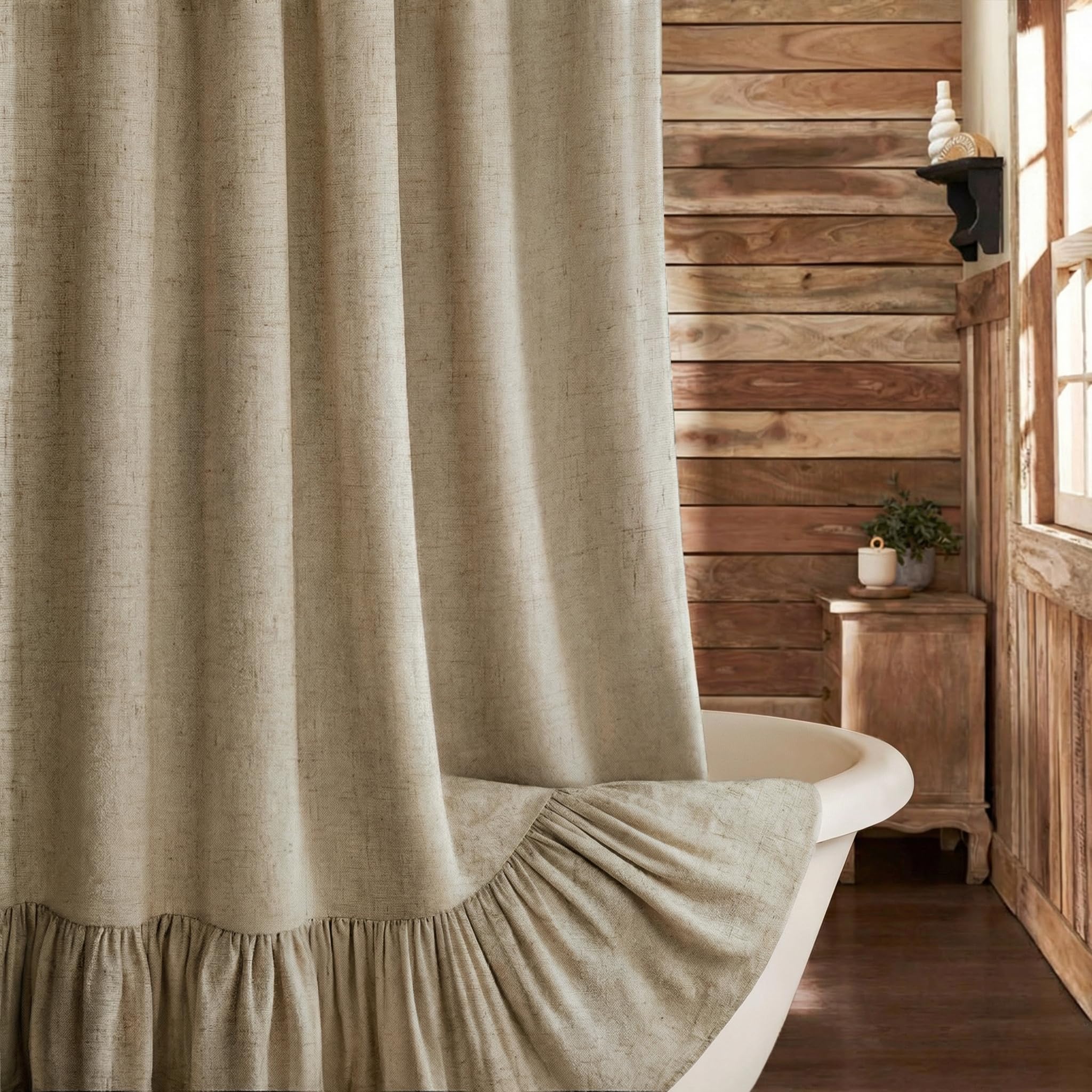 XOGUIBO Farmhouse Shower Curtain with Ruffle Hem Linen Flax Khaki Shower Curtains for Bathroom Country Vintage Rustic Natural Fabric, 72" W x 72" L
