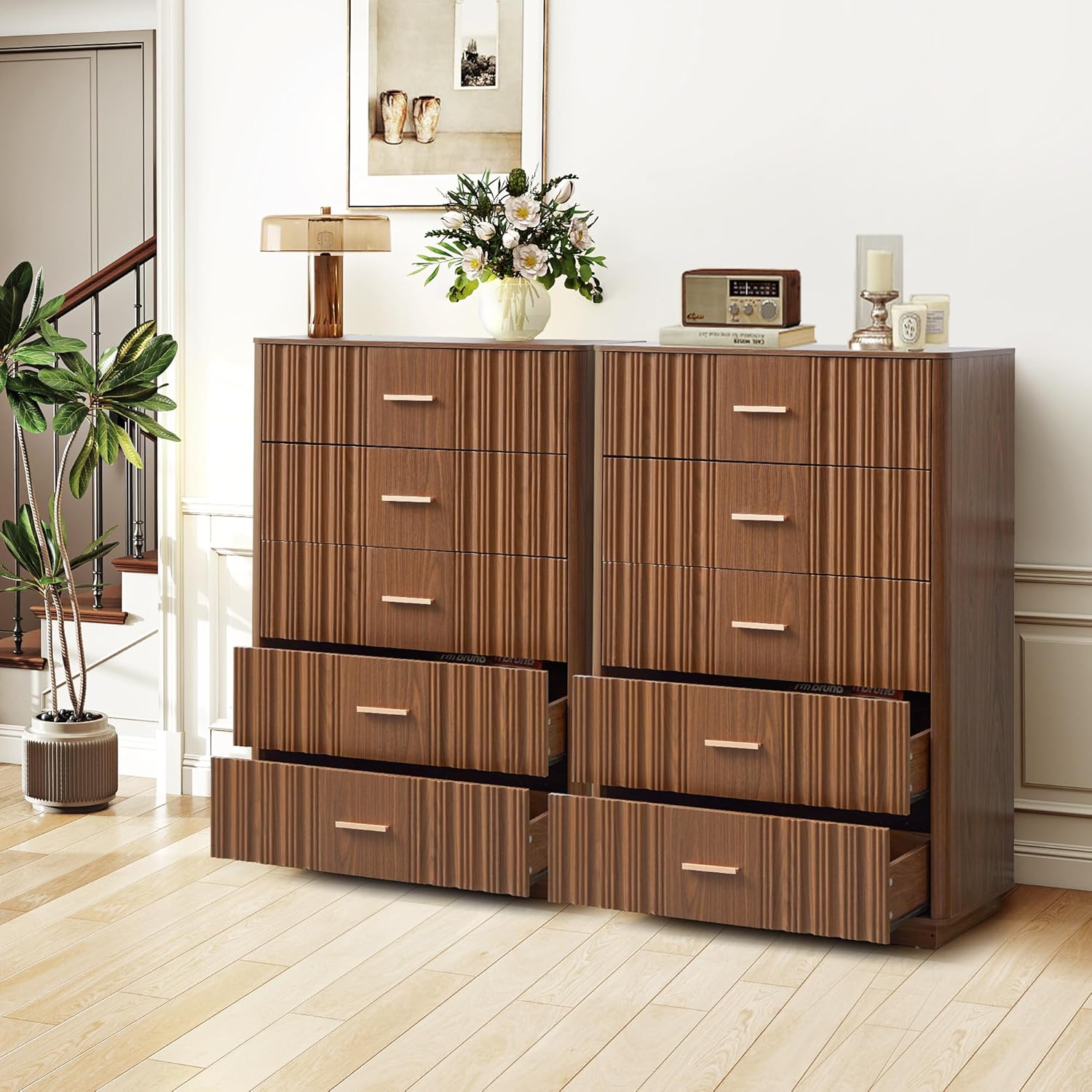 Fluted 5 Drawers Dresser for Bedroom, Wooden Tall Storage Dresser TV Stand, Curved Profile Modern Chest of Drawers, Wood Closet Clothes Storage Organizer for Living Room Hallway,Walnut 2 Sets