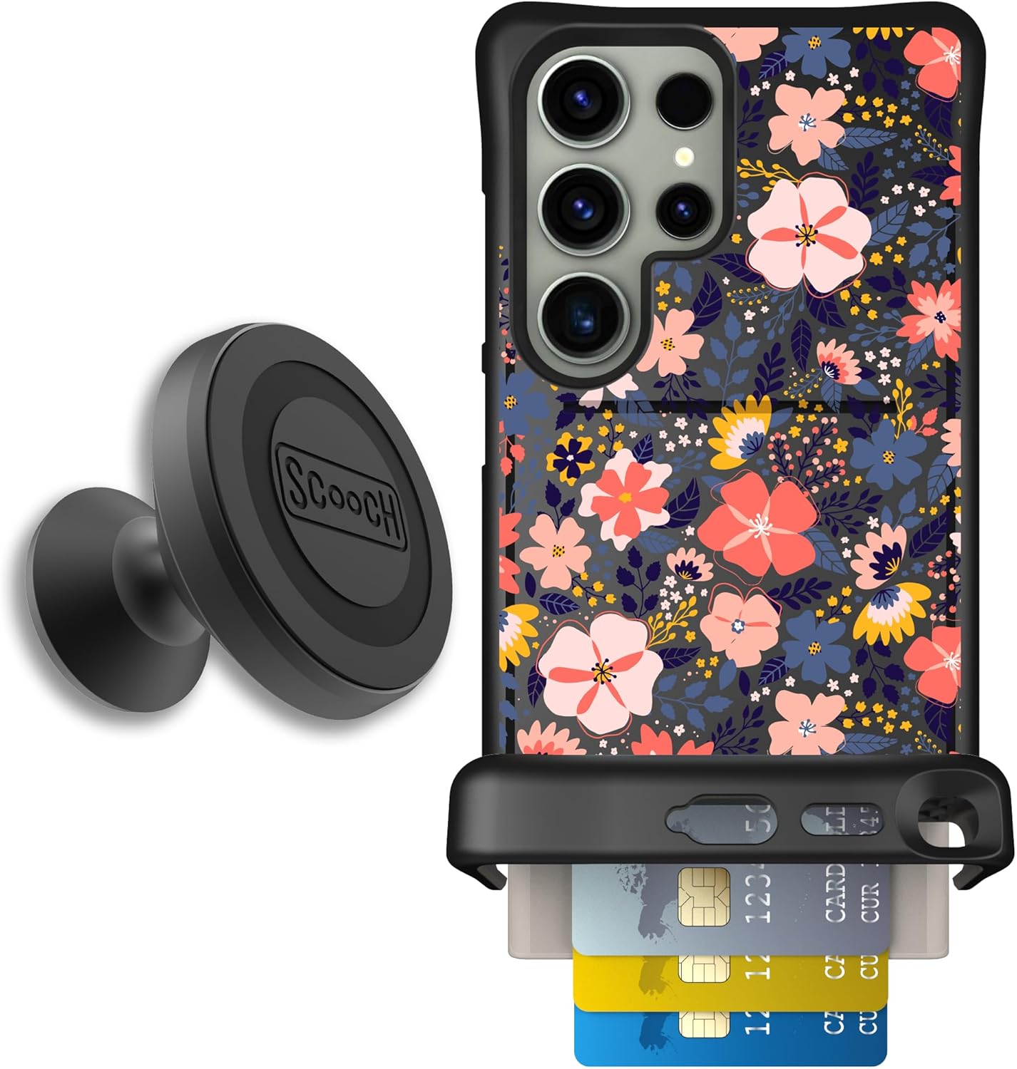 Scooch for Galaxy S24 Ultra Case with Card Holder, Wingmate Wallet Case with Hidden Card Slot and RFID Protection for 4 Cards, Starter Bundle with Wingmount, Wildflowers