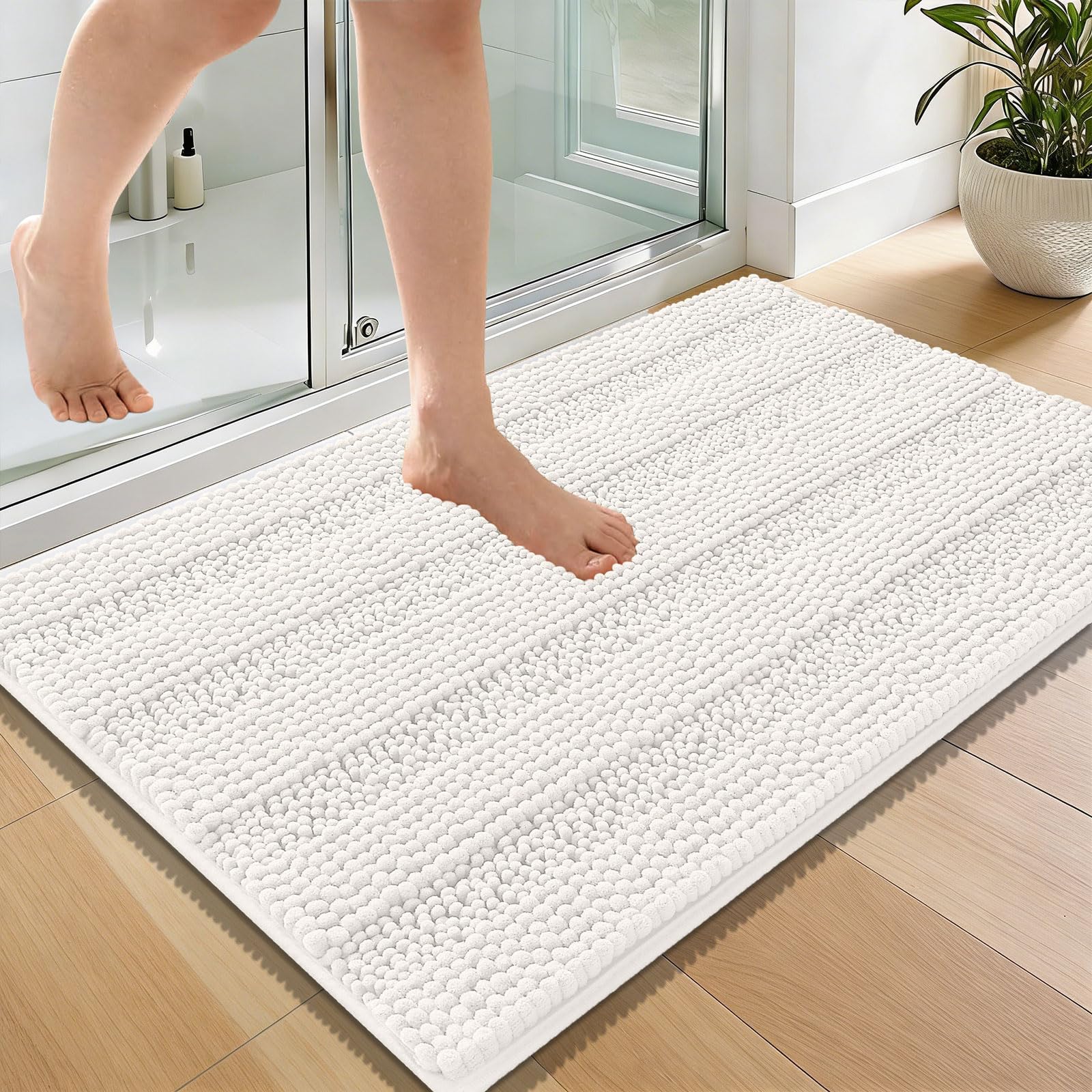 OLANLY Thick Bathroom Rugs 36x24, Soft Chenille Striped Bath Rugs, Ivory