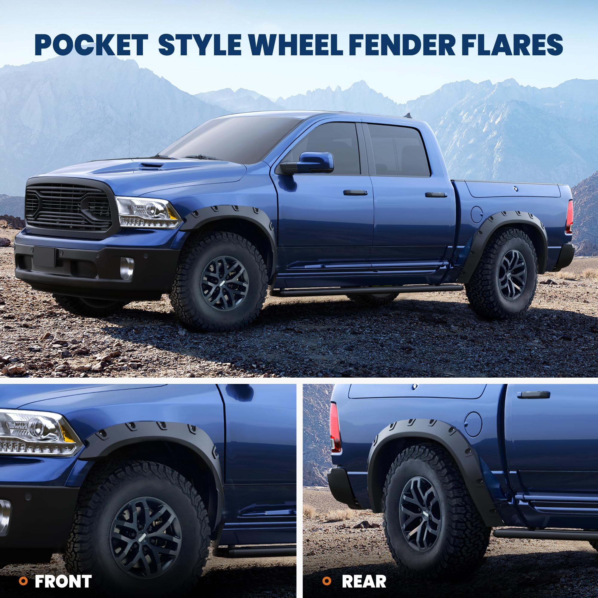 KUIPERAUTO Smooth Pocket Rivet Fender Flares Set Of 4 For Dodge Ram 1500 2009-2018 & 1500 Classic 2019-2023
