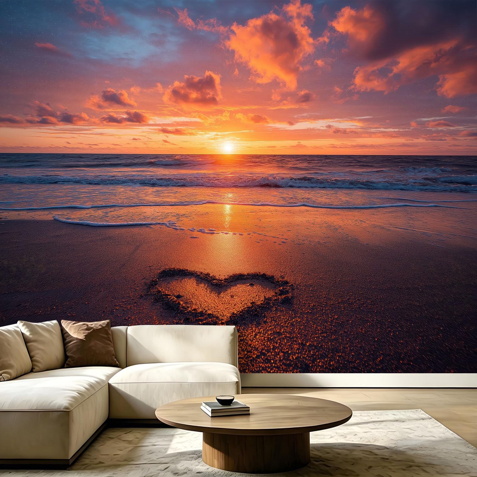 Panoramiczna tapeta z włókniny, natura, krajobraz, zachód słońca, 350 x 256 cm, tapeta z włókniny, dekoracja do salonu i sypialni, efekt 3D, ocean, serce, piasek, horyzont