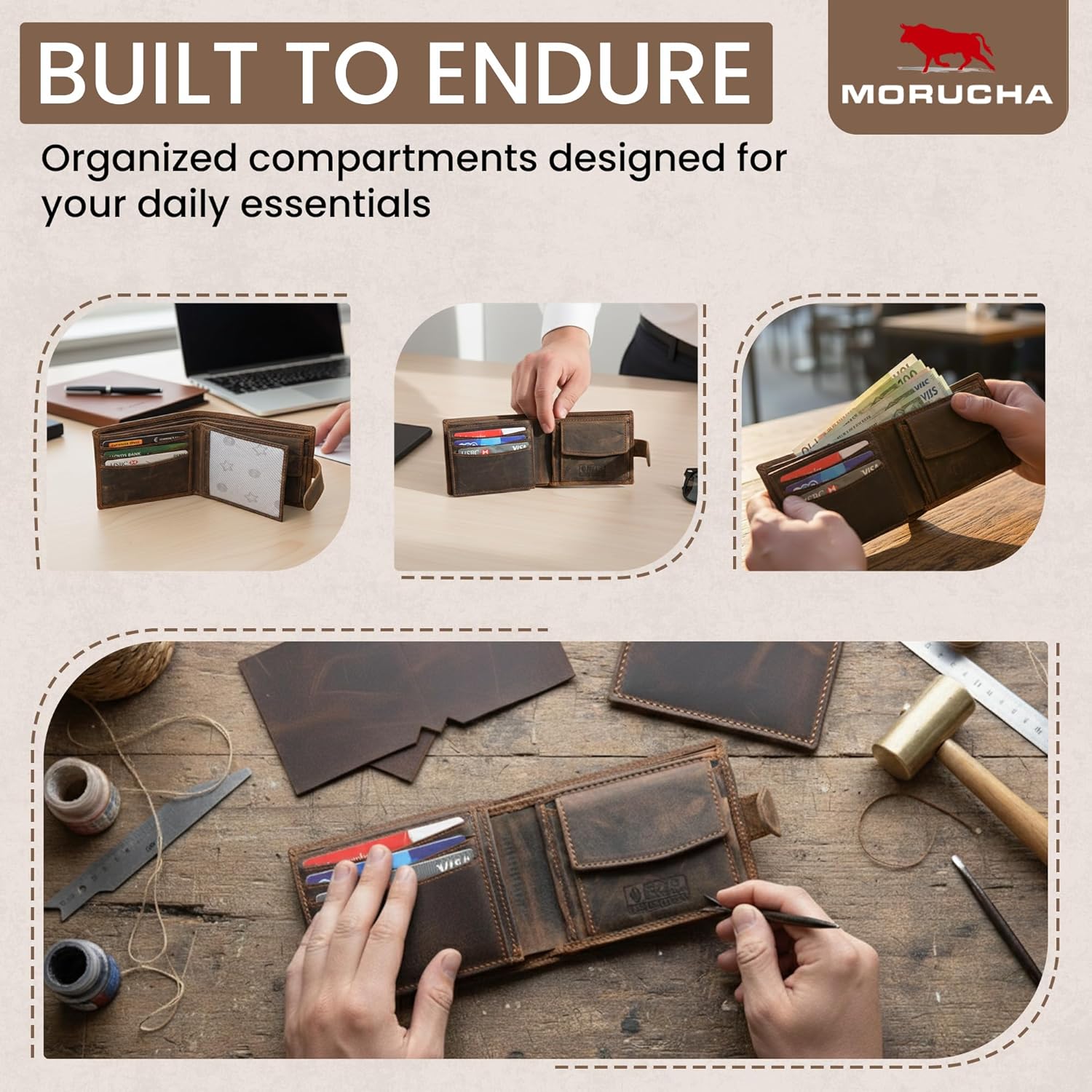 MORUCHA Men’s RFID Blocking Leather Trifold Wallet – Genuine Hunter Leather Coin Wallet with 6 Card Slots, ID Window & 2 Note Compartments – Minimalist Money Organiser Gift Boxed (M80 Dark Brown) - Image 5