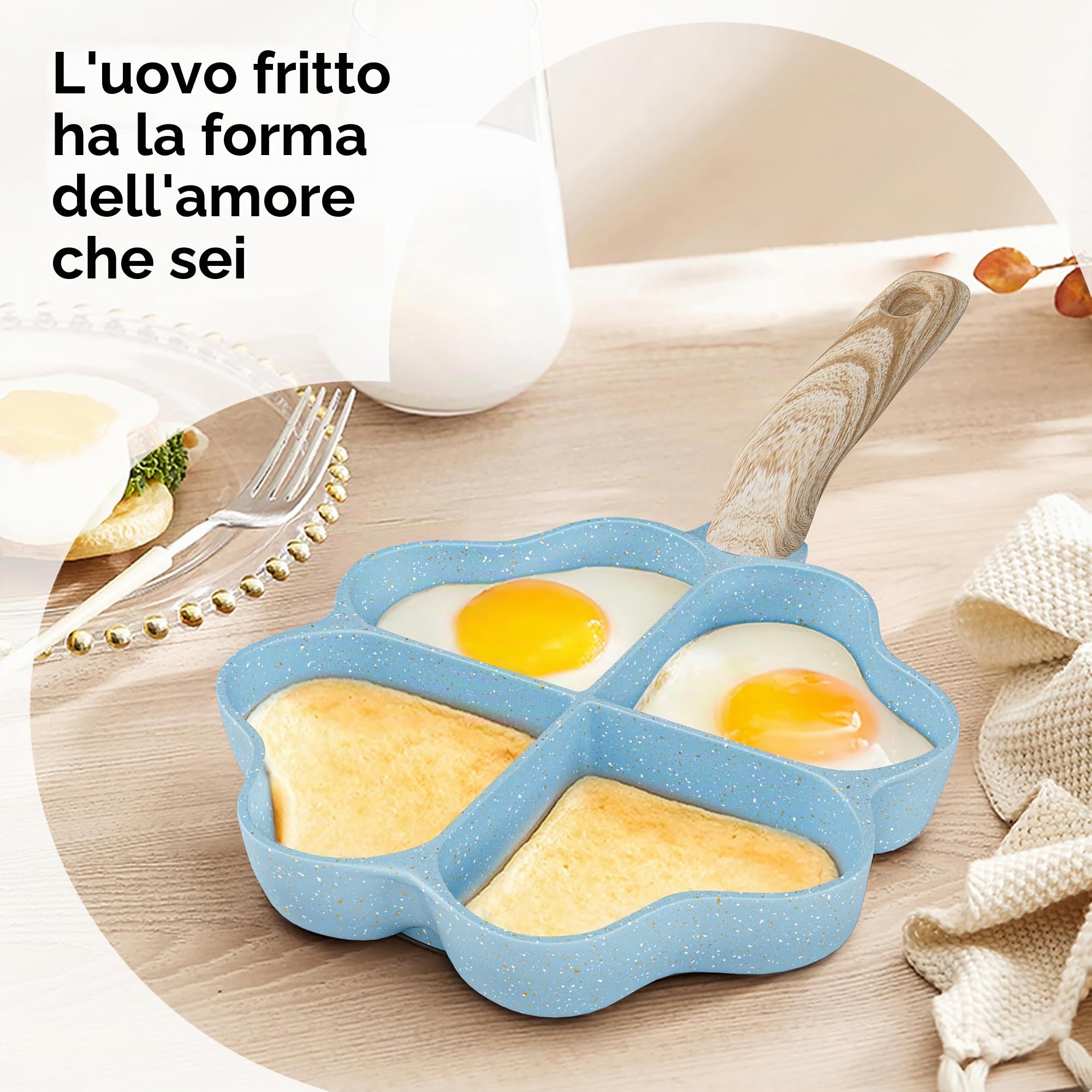 RIOVARM Antiaderente Padelle per omelette e frittate Induzione A 4 fori A forma di cuore Padella per uova Granito Padelle piccole Creativo Carino Sana Pancake Padella per la colazione senza PFOA