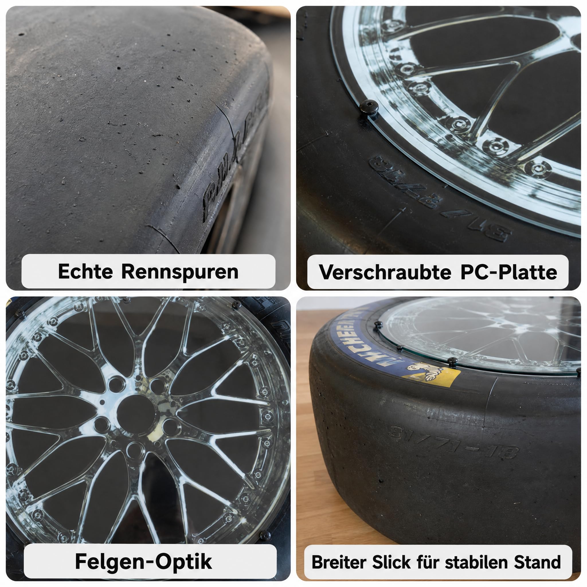 [ORIGINAL Reifen] Reifen Tisch mit PC Platte | Orginalreifen aus DTM, GT Masters & LMP Serie Rennreifen Tisch mit echten Gebrauchspuren | Motorsport Geschenk für Männer & Frauen | Originaler Rennslick als Upcycling-Unikat mit PC-Tischplatte – das ausgefal