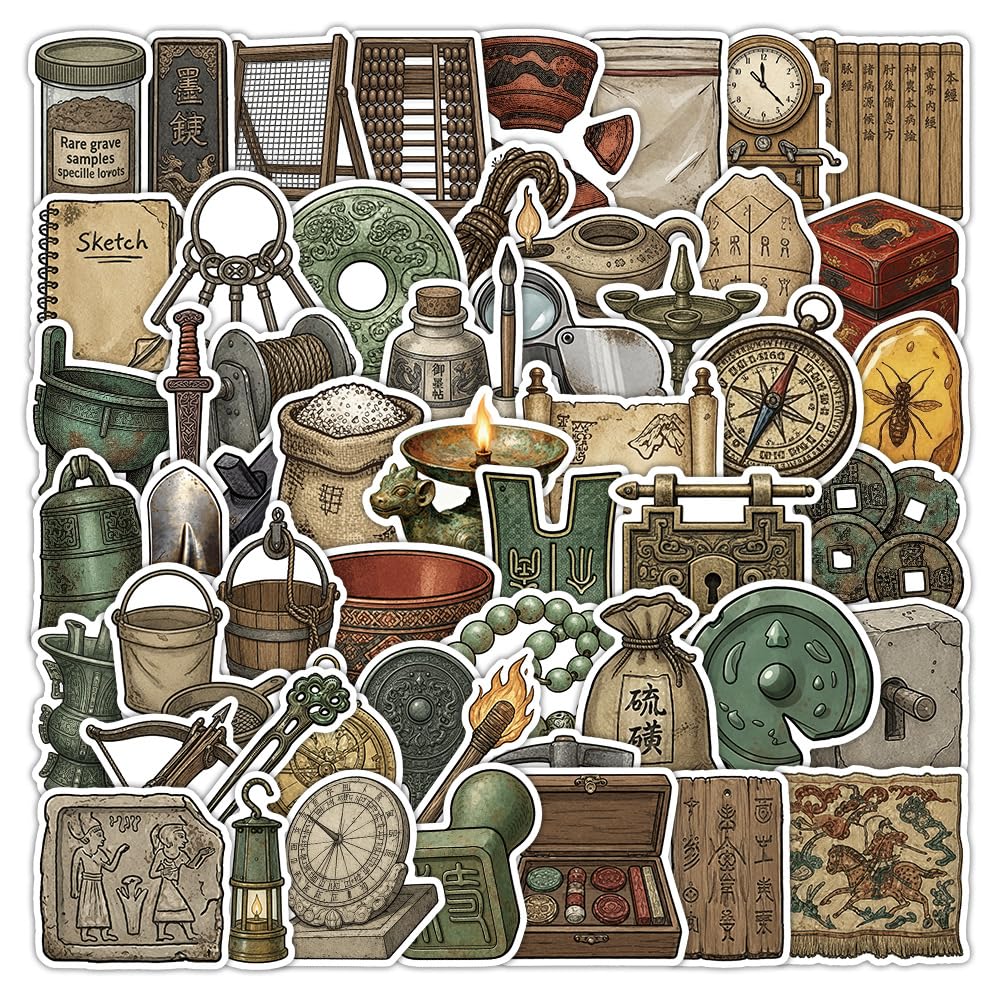 50PCS Vintage Archaeology Artifacts Stickers, Waterproof Vinyl Antique Decals for Scrapbooking, Journaling, Water Bottles, Laptops, Suitcase, Cup, Ancient Tools & Fossil Stickers for History Lovers