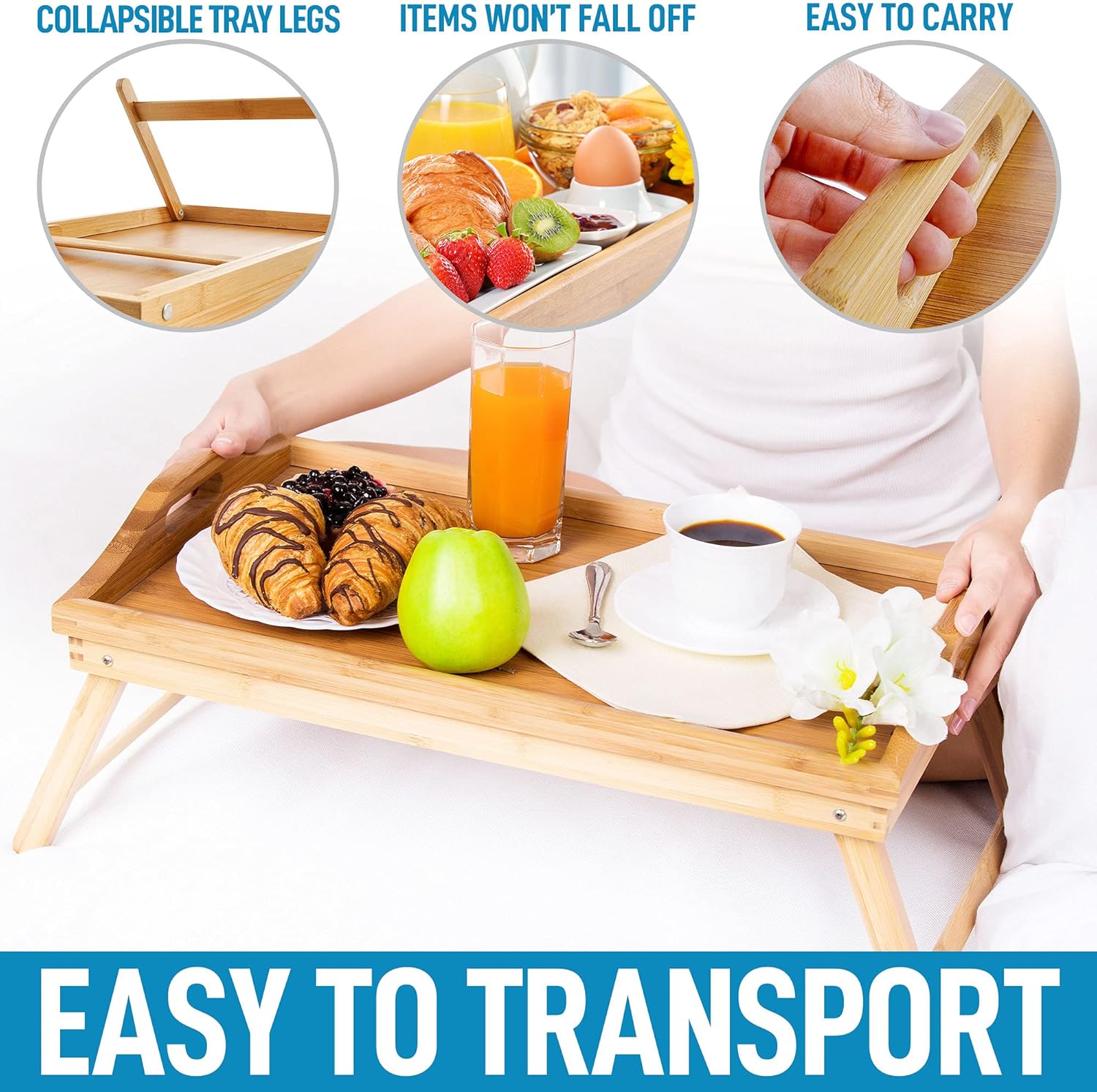 Zulay Bamboo Folding Breakfast Tray - Bed & Snack Tray with Legs, Laptop Desk