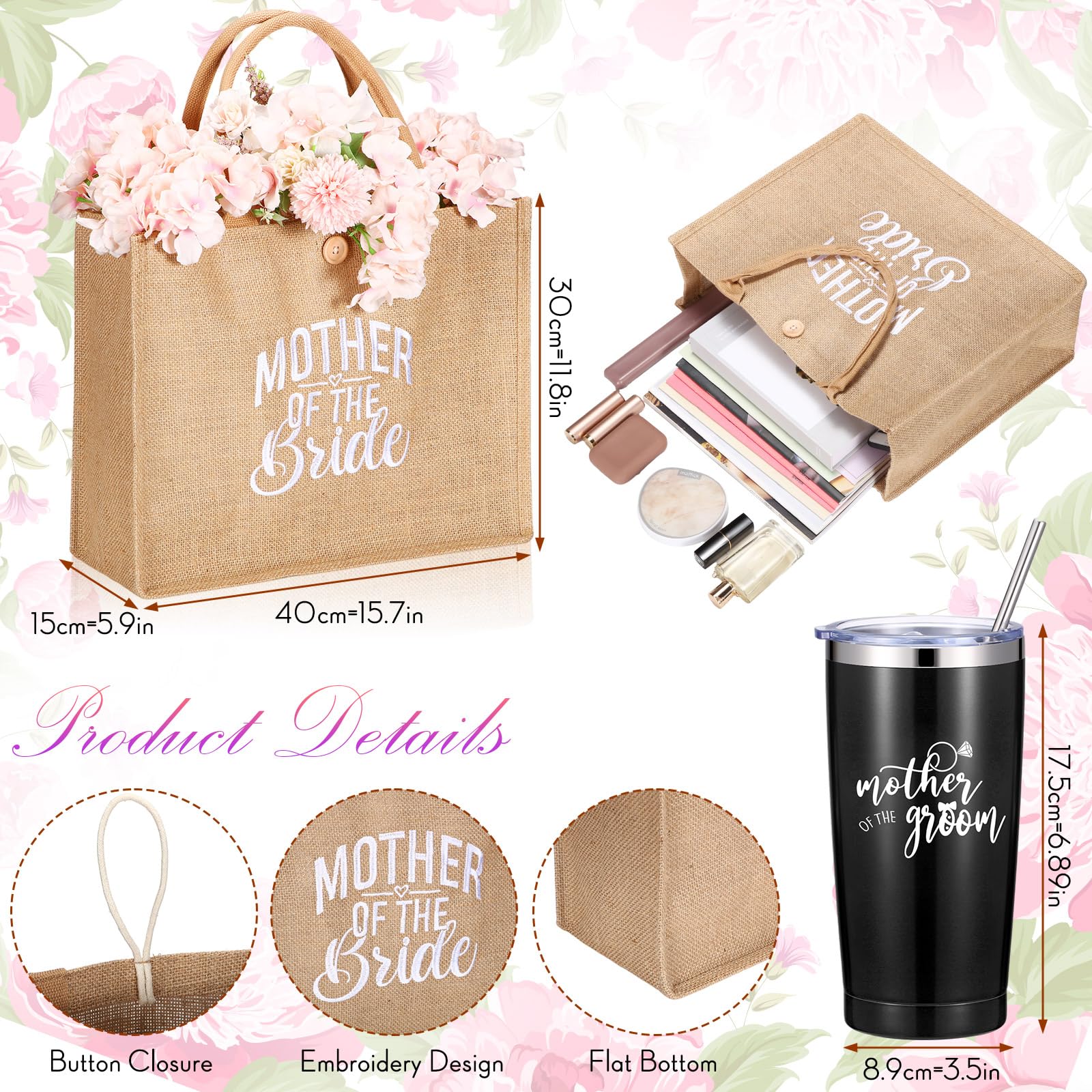 Jeyiour Juego de regalo de 6 piezas para madre de la novia y el novio, batas de satén, bolsa de mano de acero inoxidable de 20 onzas, vasos para compromiso, boda, fiesta de novia (negro)