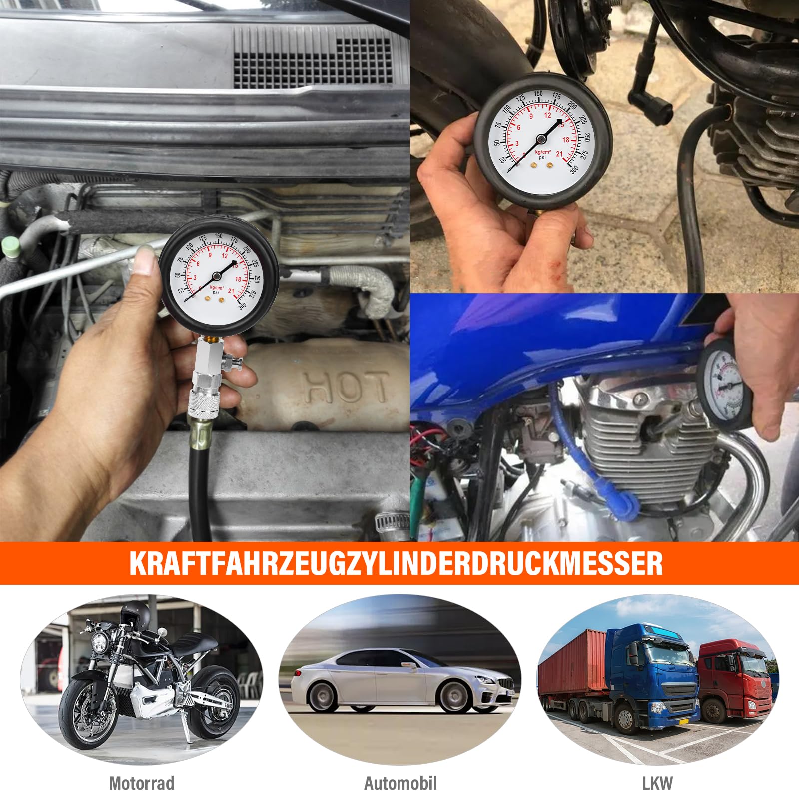 Tester Di Compressione Per Motori Benzina - Manometro 0-20 Bar/300 PSI Con 4 Adattatori Per Auto E Moto - Foto 5