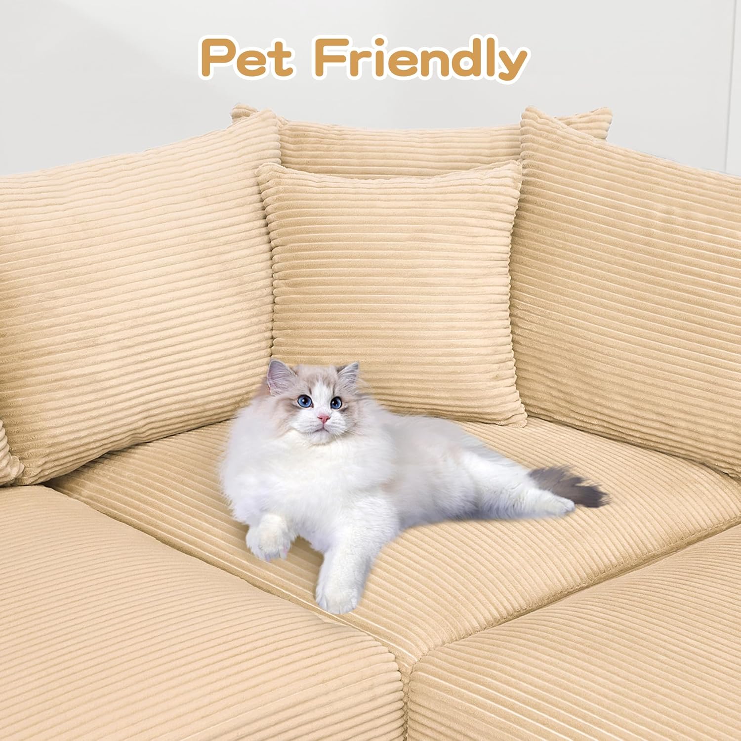 Oversized Cloud Modular Sectional Sofa, 92" Plush Corduroy Boneless Couch, 2 Seater Deep Seat Wide Armrests for Apartment,Camel