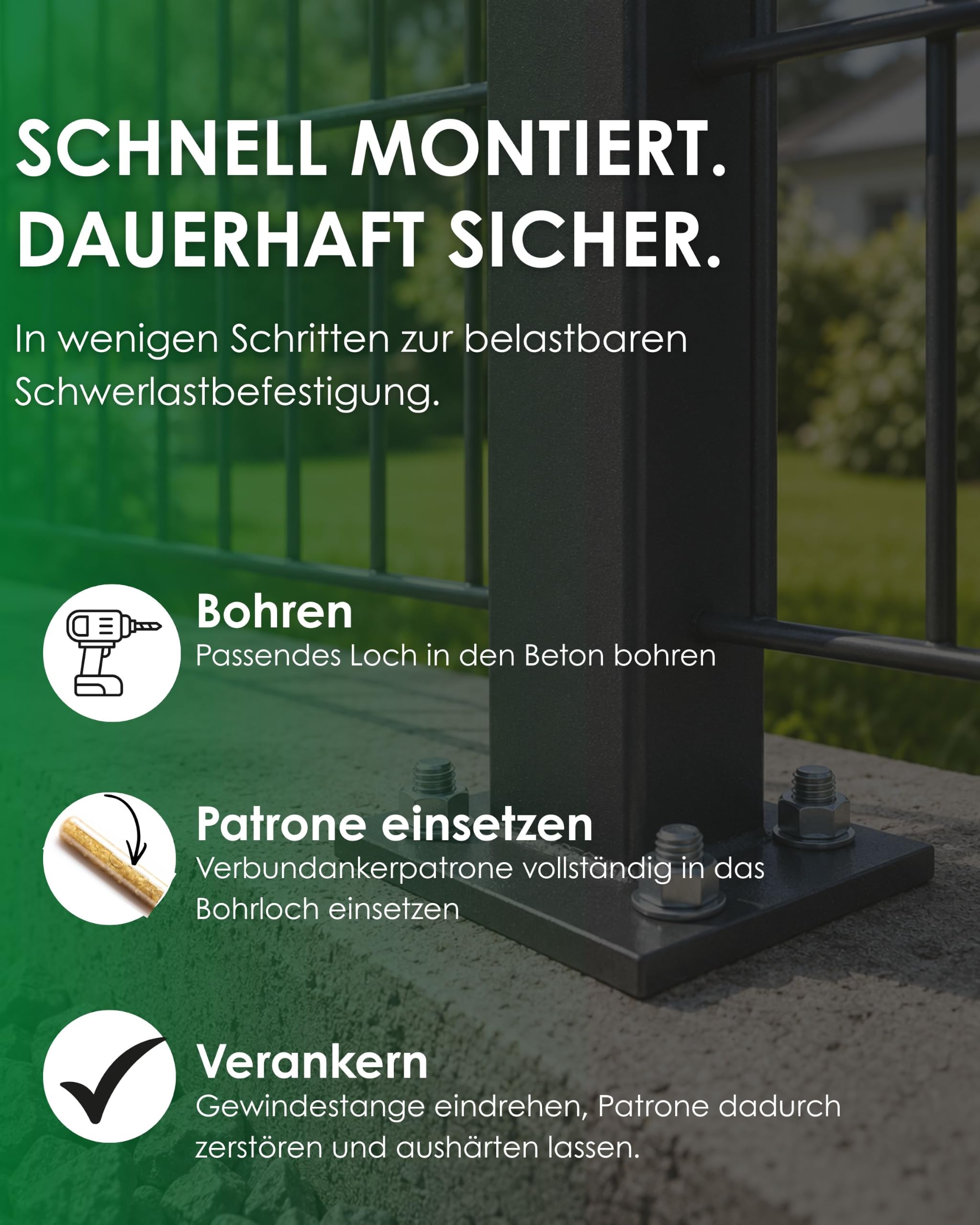 Verbundanker M10 x 130 mm Set verzinkt für Beton 20er | Inkl. Gewindestange, Mutter & Unterlegscheibe I Für Zaunpfosten, Tore & Geländer