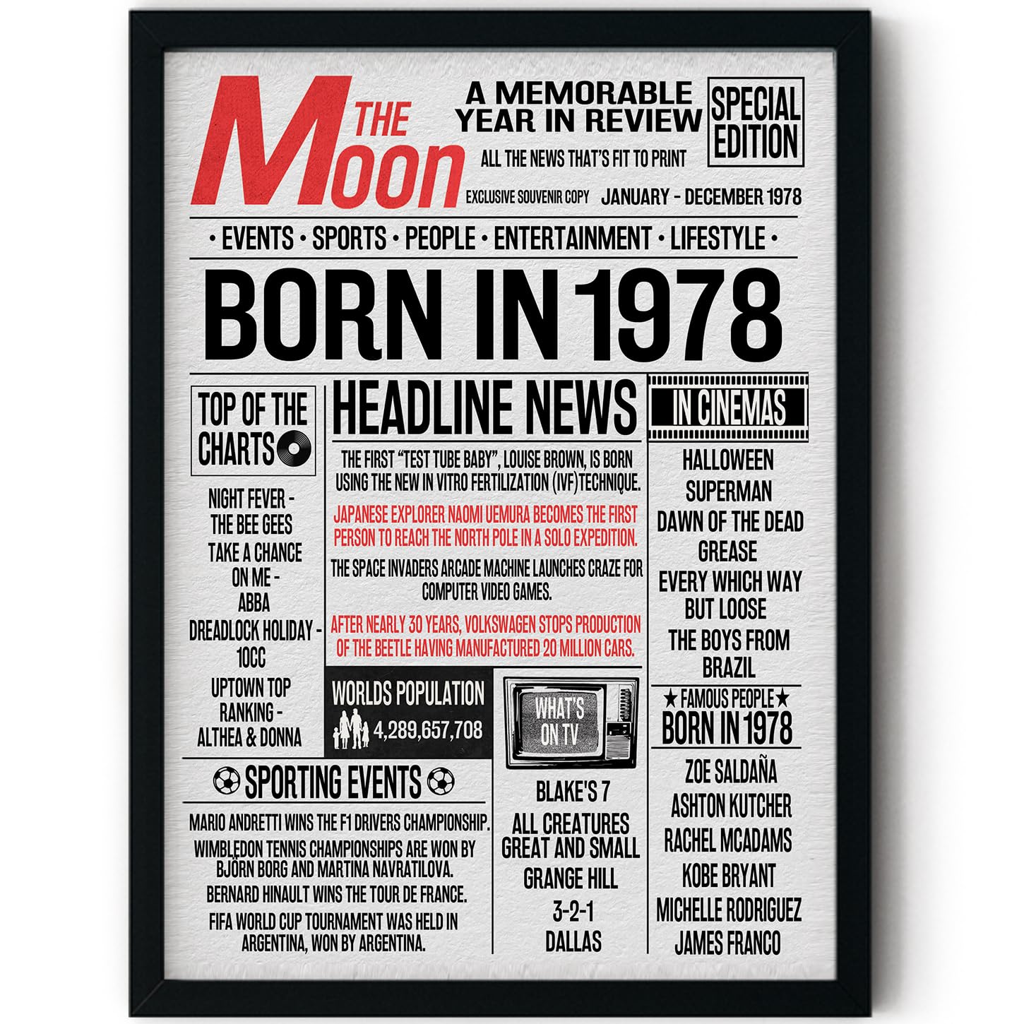 Stuff4 48th Birthday Poster Framed - Born In 1978 Newspaper - Happy 48th Birthday Gifts for Men Women Vintage Retro Back In 1978, 8x10 Inch Bday Party Decor Decoration
