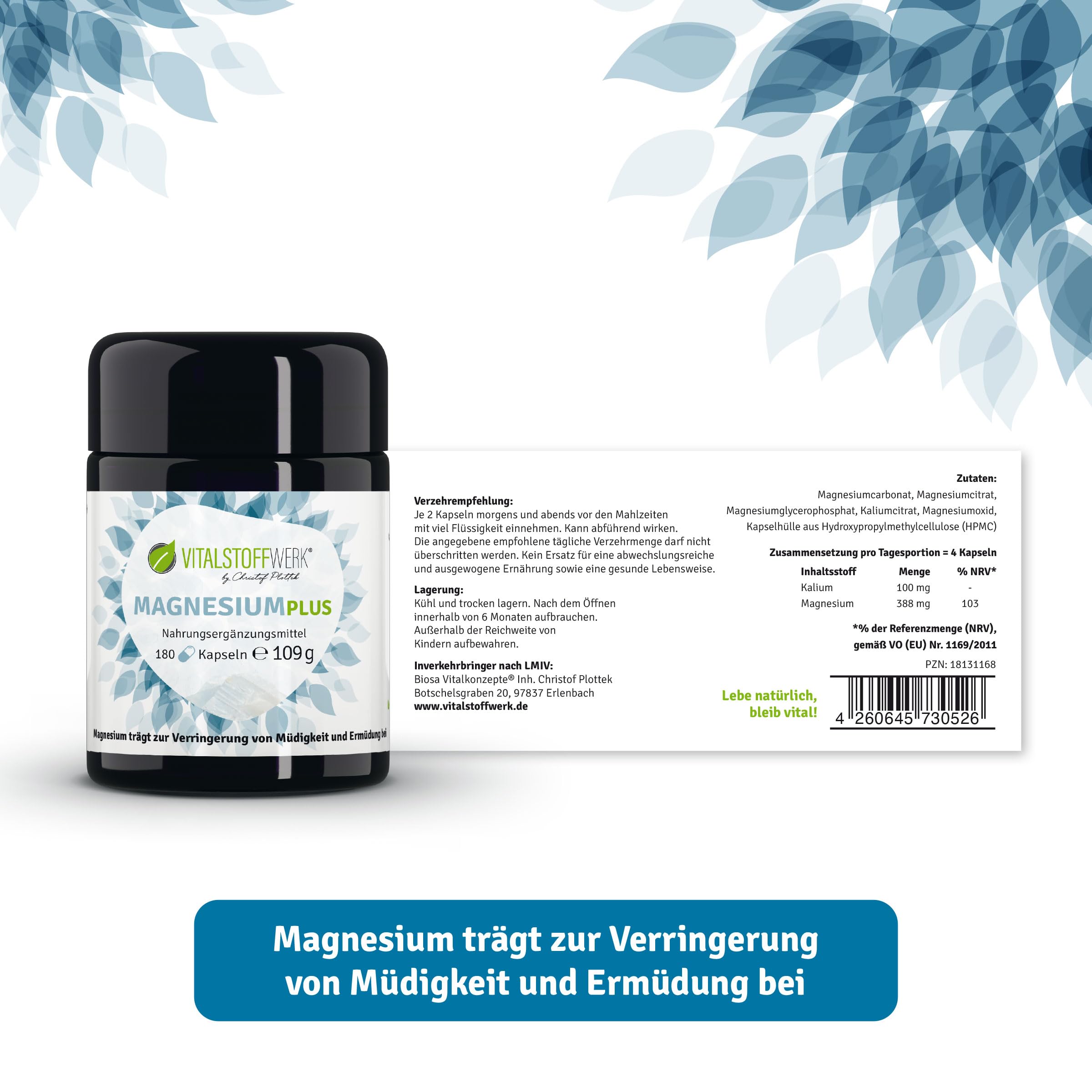 Magnesium Plus, VITALSTOFFWERK®, 180 Magnesium Kapseln, 4 Magnesiummineralien (Magnesiumcarbonat, Magnesiumcitrat, Magnesiumglycerophosphat, Magnesiumoxid), 109 g