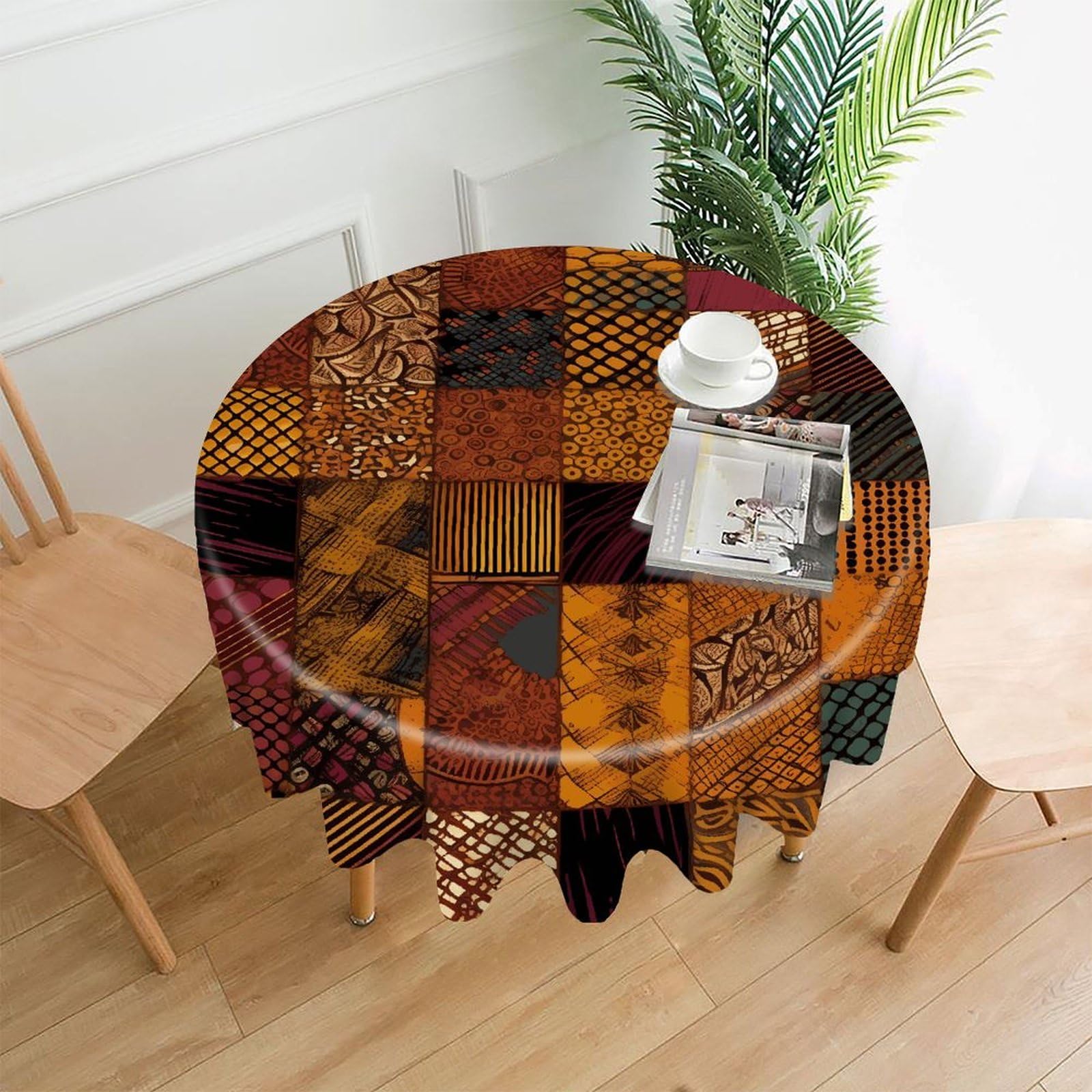 VstaDank African Style Patchwork Tablecloth Easy to Clean Polyester Round Table Cover Washable Round Table Cloth Wrinkle-Free Circle Decoration Tablecloth for Kitchen Dining Room 60"