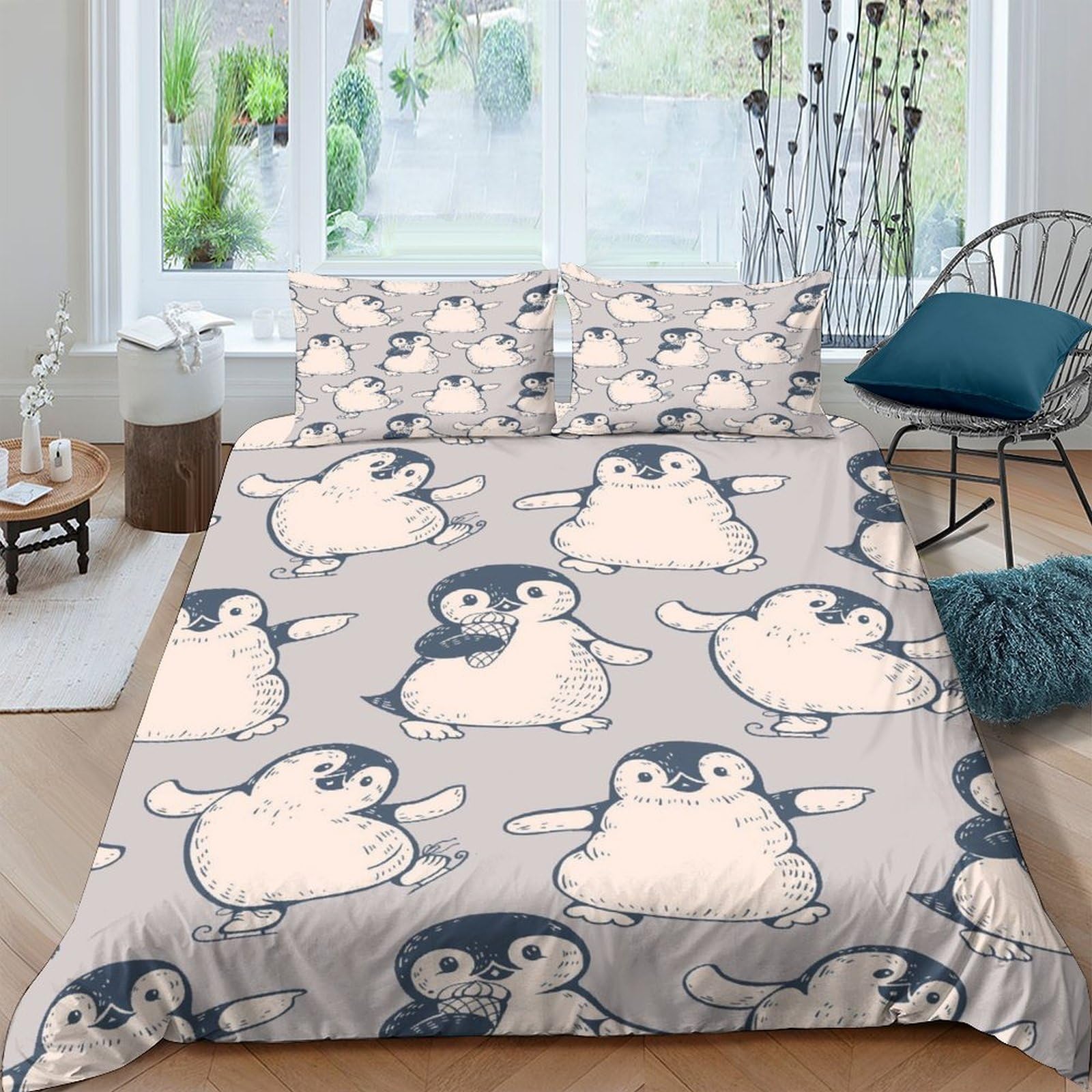 Ctjqhvkz Style-8 3D Printed Cute Penguin Fitted Sheet Microfiber Soft Grey Cartoon Mattress Cover For Bedroom Guest Room Dorm Decor Single（135X200cm）