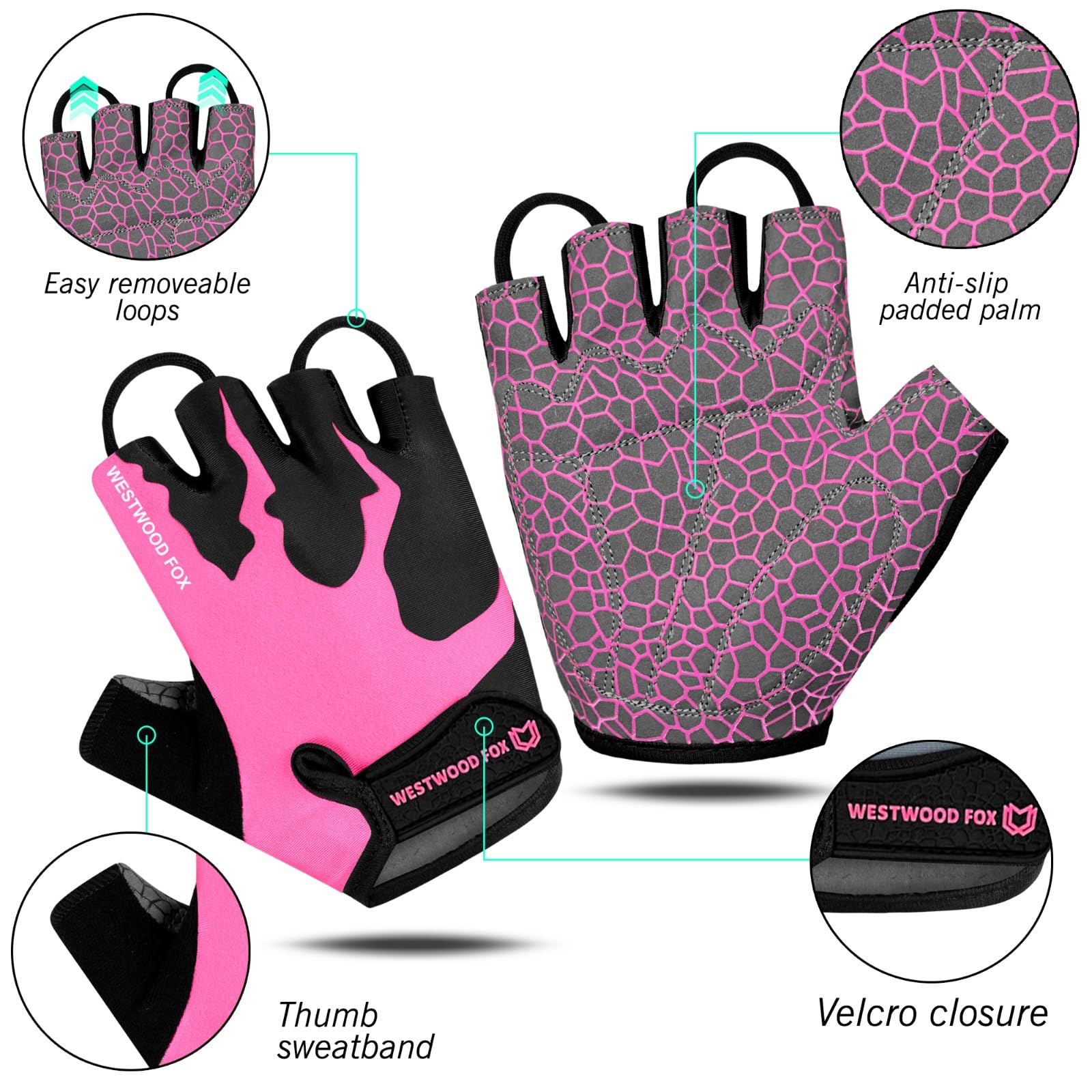WESTWOOD FOX Guantes de ciclismo de medio dedo, unisex, acolchados, con palma, bicicleta, verano, equitación, MTB, para hombres y mujeres, antideslizantes, sin dedos, para bicicleta de montaña,