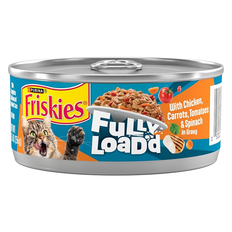 Ração úmida para gatos Friskies com frango, cenoura, tomate e espinafre em pedaços com molho — Pacote com 24 latas de 156 g